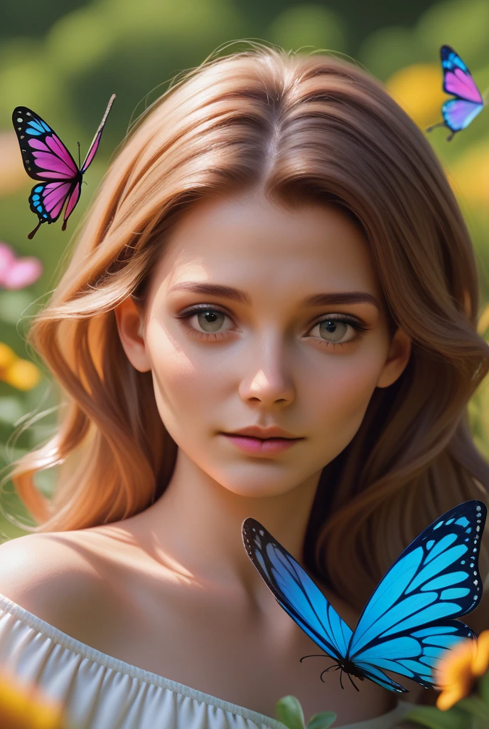 a small dog with long hair, a butterfly that landed on it's nose