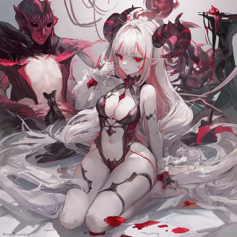 ((Best masterpiece, Perfect quality, Ultra detailed)), A skinny girl, With small bust, With white hair, Is parasitic, Wearing black bra, Wearing black panty, Naked limbs, Injured body, Bloody wounds, Mutated limbs, Parasites, Grotesque, Full body