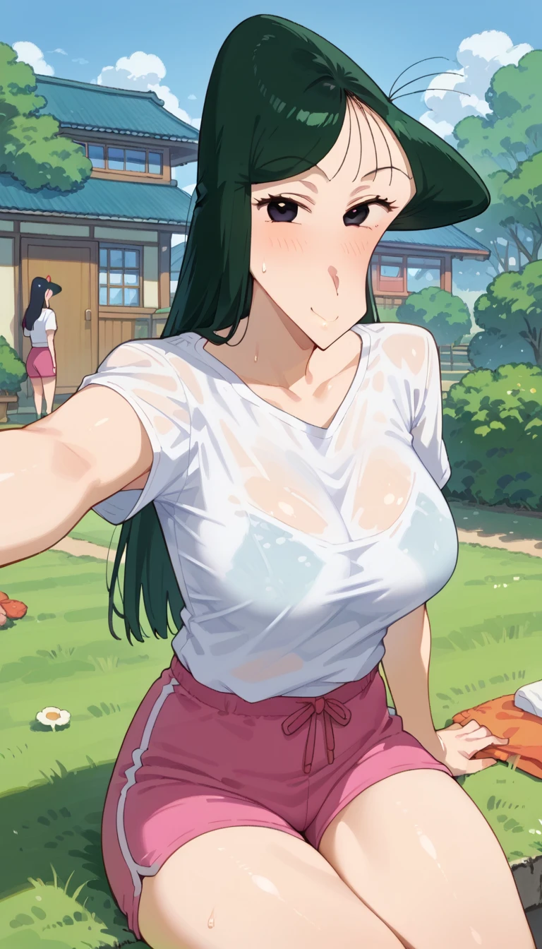 1girl, solo, white polo shirt, white sneakers, tennis wear, white miniskirt, masterpiece, best quality, realistic, hyper-detailed, (shiny skin, sweaty:1.4), absurd, looking at viewer, upper body, long hair, black hair, brown eyes, slender, hot, y, beautiful, dynamic lighting, high resolution, sharp focus, depth of field, detailed eyes, sharp pupils, realistic pupils, (small bre6), (thick thighs:1.0), (wet, clothes), ((nipples)),r, squatting, (wet), ((pussy)), ((nsfw))azaki hayao