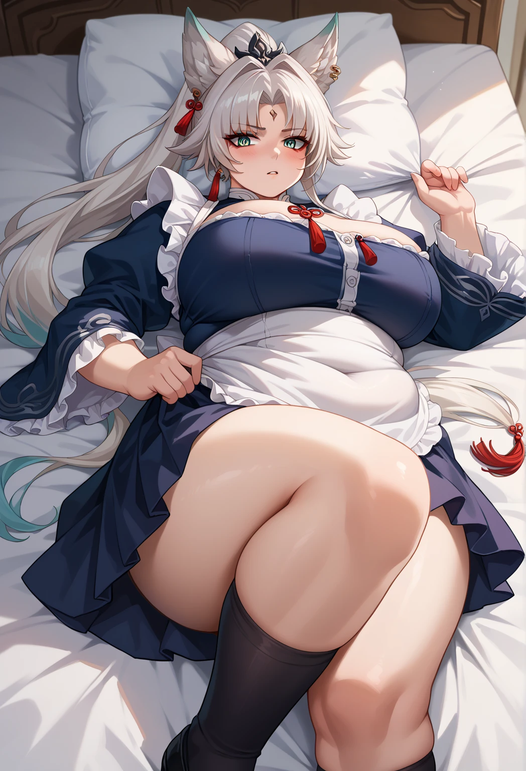 1girl, aegir \(azur lane\), azur lane \\\\\ masterpiece, best quality, very aesthetic, absurdres, newest \\\\\\ sportive body,  \\\\\\ by nyantcha,,by cutesexyrobutts,by khyle ///// silvery white hair with a single prominent red streak, black horns, yellow eyes,  , white background, white (nurse outfit:1.2), skirt, standing, white pencil skirt, nurse cap, sit in sofa in front of me, below view,pink panties
