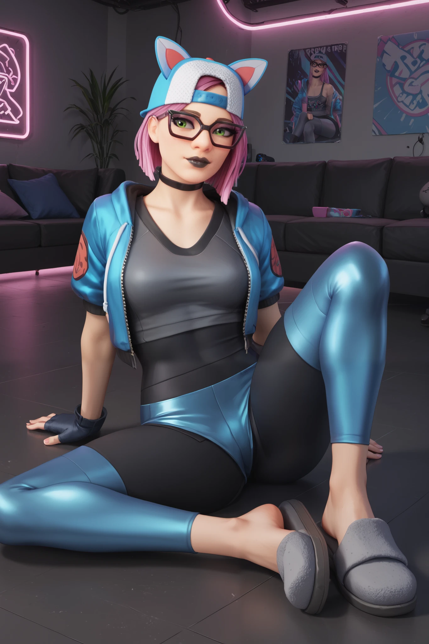 girl (masterpiece),choker,black lips, cap,fingerless gloves,evening (only)loose Dark gray V-neck t-shirt, blue jacket ( leggings)tight spandex shorts,video games,gamer room,with neon light,beautiful green eyes,short pink hair,glasses,sitting on the floor,cat grey slippers,sitting on the floor,black floor,Futuristic room, neon light