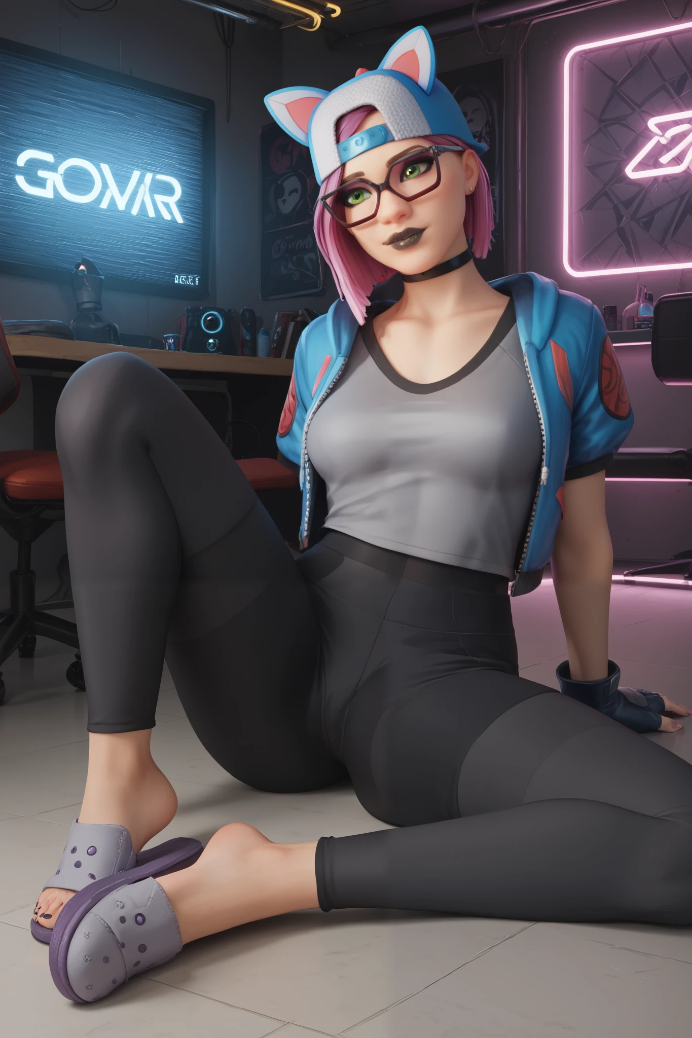 Leggins negros lince con chaqueta negra con gris, videojuegos, piernas cruzadas, tenis converse, sonriendo, guantes sin dedos con gafas zona gamer