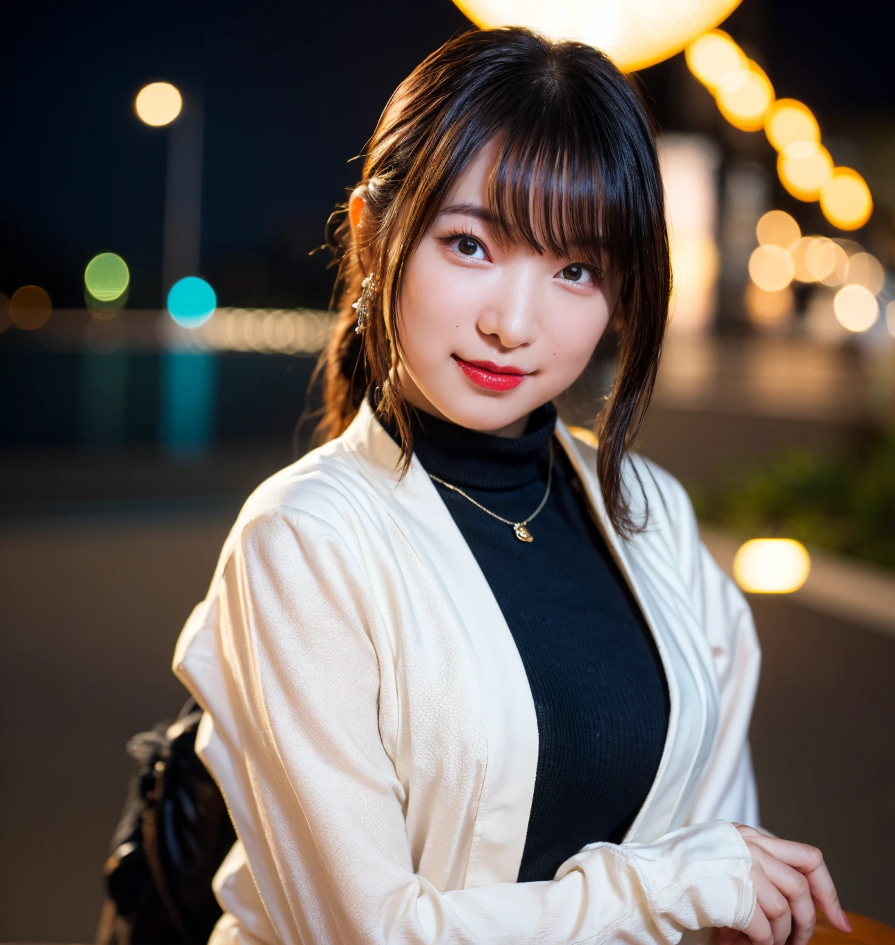 1 girl、Tokyo Street、night、Cityscape、City lights、Upper body、Close-up、Laughter、8k、Raw photo、highest quality、masterpiece、Realistic、Photorealistic、Random sexy poses、whole body、