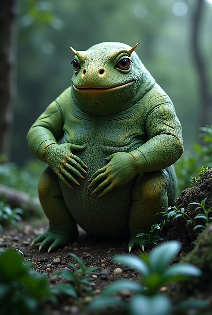 Fat ugly pudgy short hideous humanoid monster with green moldy smelly stinky sweaty skin and a hideous horrendous face and chubby body. More amphibian like