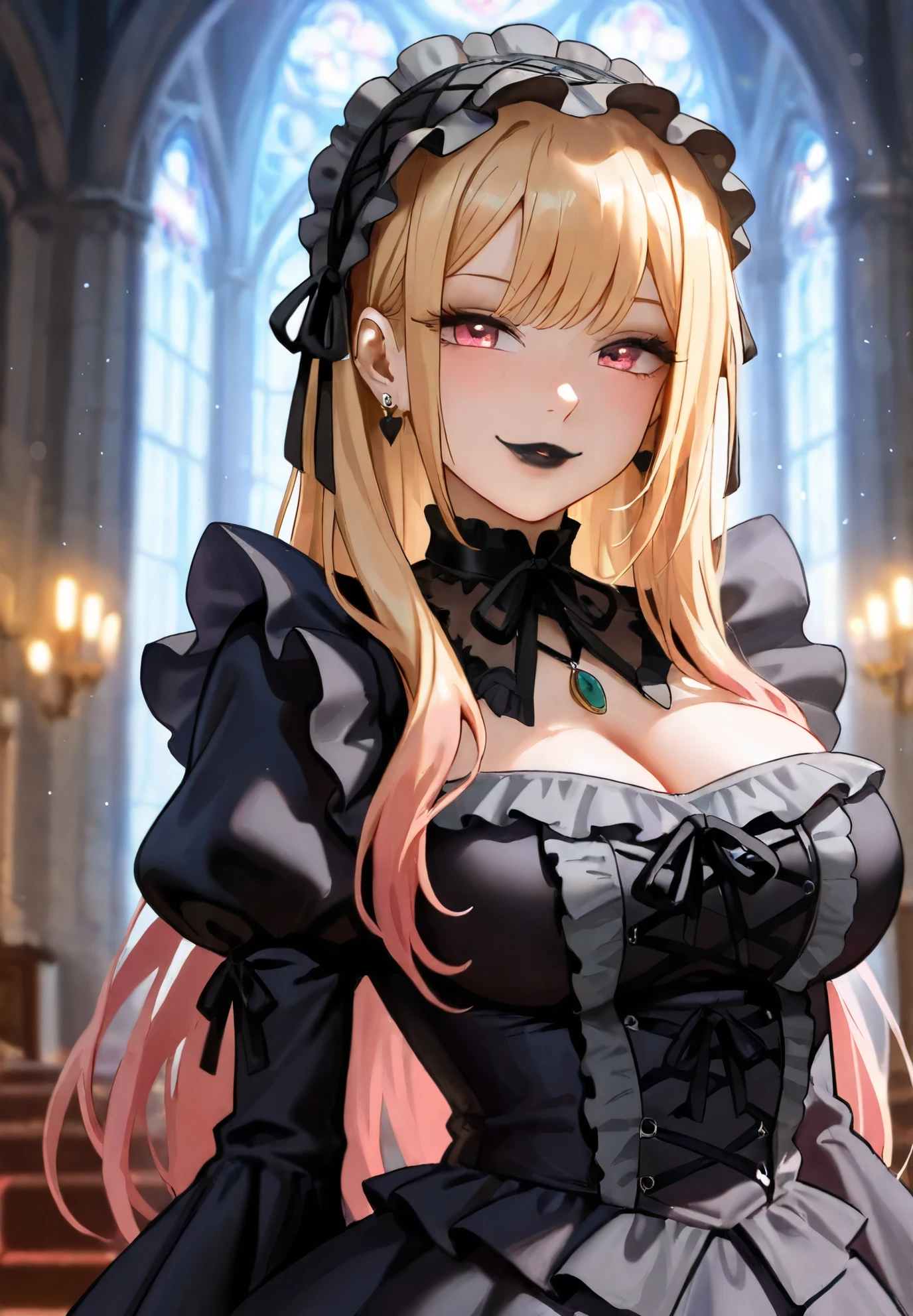 absurdres, highres, ultra detailed, (1girl:1.3), 
BREAK
, sunlight on front face, paizuriinvitation,
BREAK
 (hands on own chest,deep skin:1.2), chest, gigantic breasts, looking at viewer, thick thighs, wide hips, cleavage, open shirts, royal dress, romance manhwa, blonde hair, long hair, flower, tiara, white dress, gloves, long sleeves, choker, purple eyes, white gloves, purple bow, purple flower, wavy hair, collarbone, puffy sleeves, parted bangs, frills, bangs, 
BREAK face focus from below, front view, cowboy shot,
BREAK long eyelashes, embarrassed, seductive smile,
BREAK portrait of upper body, with an extreme level of detail, accurate lighting,