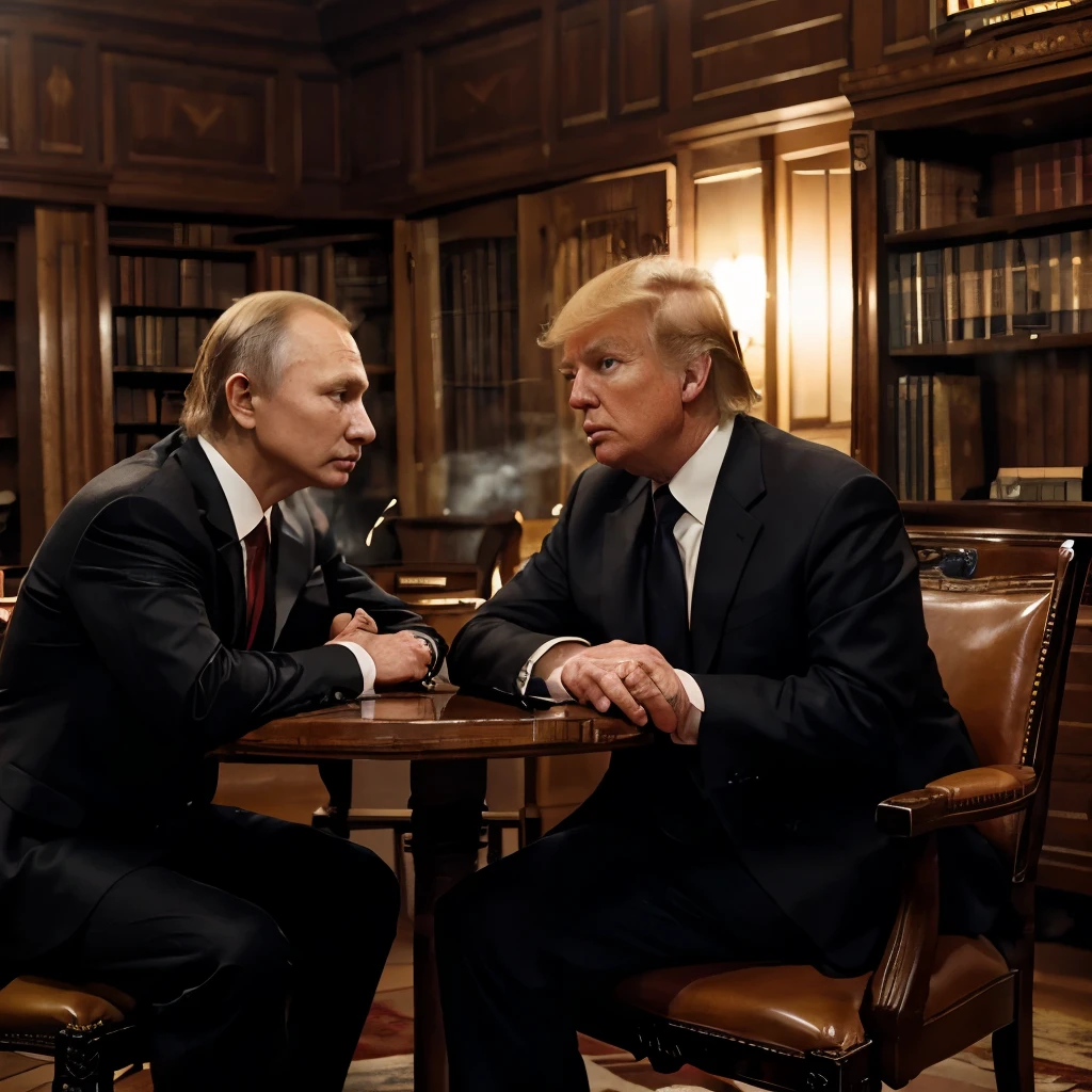 In the low-light library, Two men sitting on antique leather chairs, ((Donald Trump and Vladimir Putin)), size of Donald Trump:1.2, Facing each other,Among them, There is a wooden table,The first man is an old old man, And the other is young, With an atmosphere of concentration in the discussion between them and a deep look, Wear a black suit, The young man smokes with a curious and enthusiastic expression, focus, Contrast lighting, delicate skin,Cinematic, HD , details , Realistic, Get to know a professional photo, soft lighting, highs quality, Best Quality,