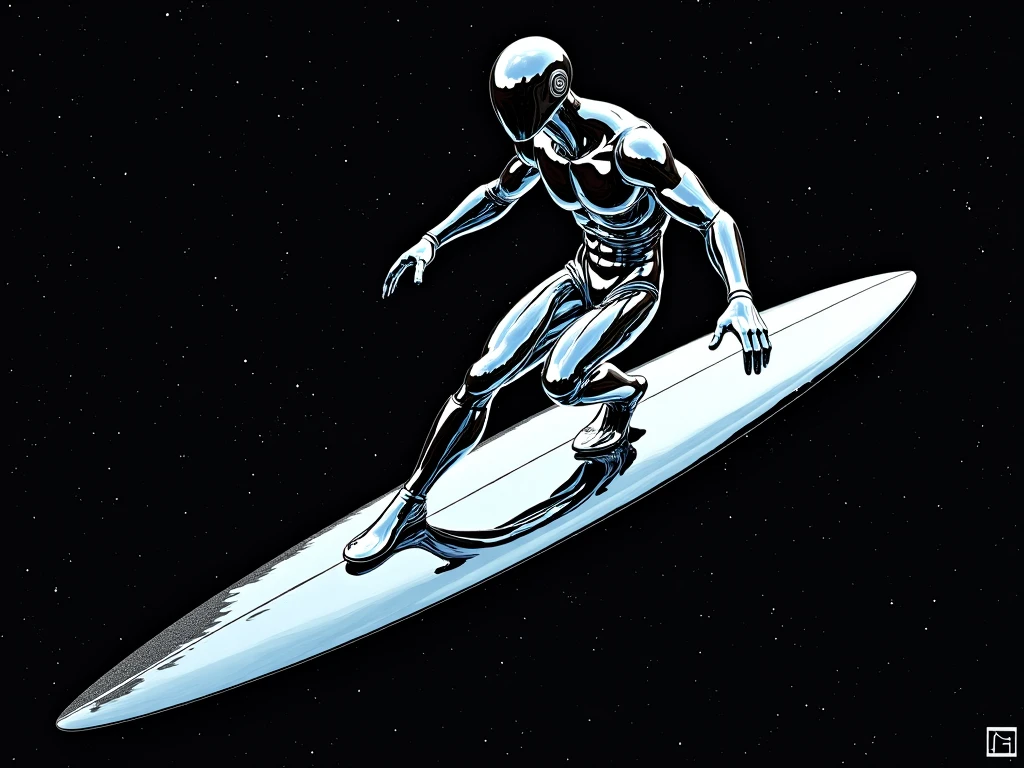 <lora:steveditkostyle:1> steveditko, a sprawling cosmic scene, a silver man riding a surfboard