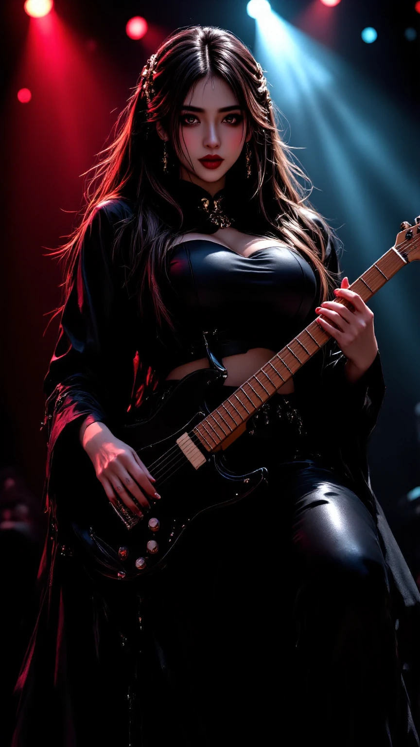 festa junina, ((masterpiece, best quality)) 1girl, 17 years old, solo, black slit dress, big eyes, blue eyes, cute face, smile, electric bass, bassist, Big Breasts, holding, holding plectrum, instrument, Long Straight hair, gothik, rock music, one side up, playing bass, slit skirt, black shirt, sexy body.