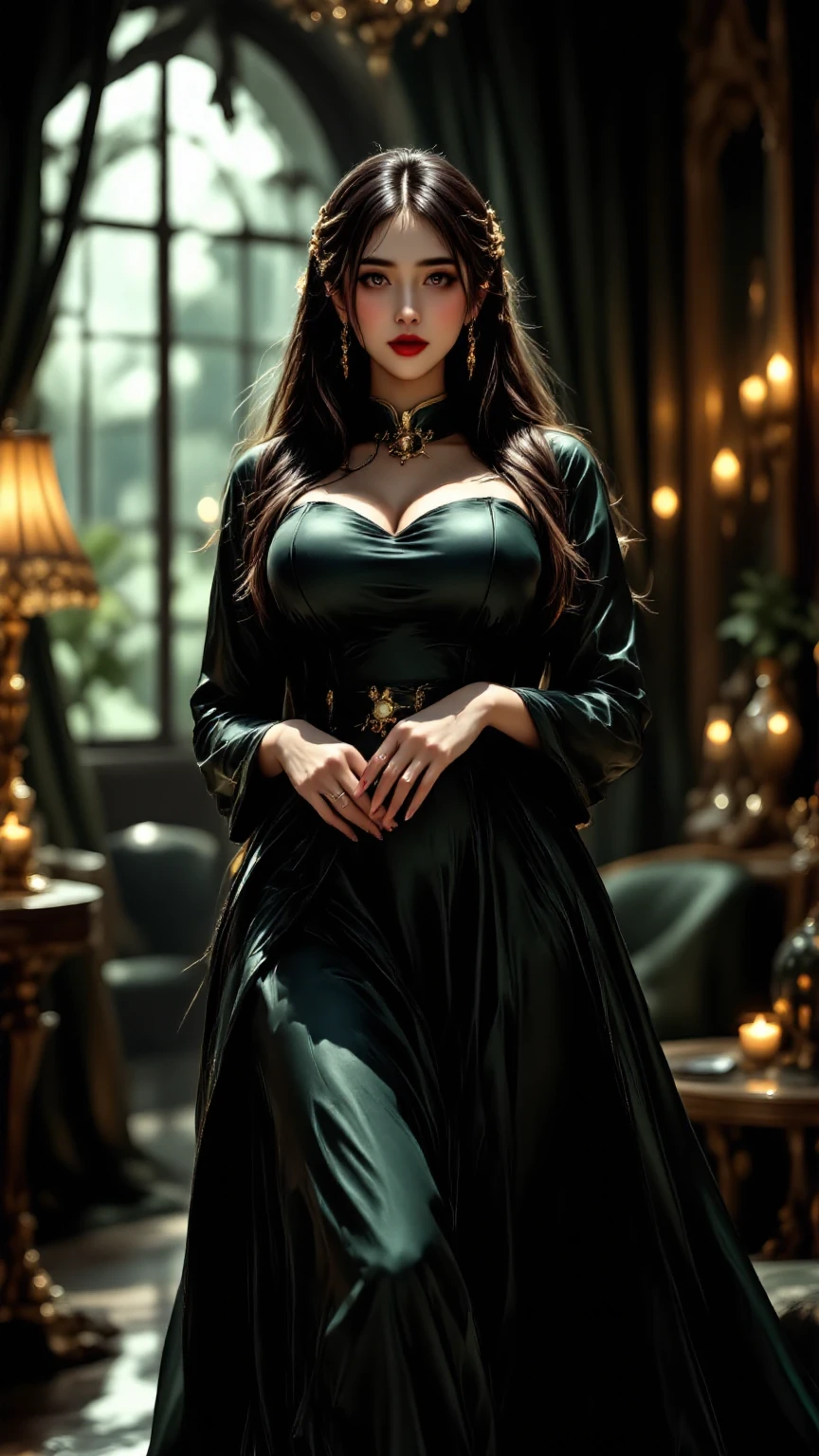 Here's a prompt describing Morgan le Fay's beauty with a focus on her face and body, set in the medieval Arthurian era:

"Depict Morgan le Fay, the legendary enchantress, with striking beauty and elegance, reflecting the grace of the medieval Arthurian era. Her face is captivating, with sharp, ethereal features, almond-shaped emerald eyes that hold a mesmerizing, mysterious gaze, and high cheekbones that add to her regal appearance. Her skin is pale and flawless, glowing with an otherworldly light. Her long, flowing raven-black hair cascades in waves, framing her face like a dark halo. 

She is adorned in a rich, emerald-green velvet gown that accentuates her hourglass figure, the fabric shimmering subtly in the light. The gown is intricately embroidered with gold thread, depicting ancient symbols of power and magic. Her waist is cinched by a delicate, jeweled belt, emphasizing her slender frame, while the gown's flowing sleeves and full skirt lend her an air of both grace and authority. A delicate, ornate crown rests on her head, further enhancing her regal presence. Her entire demeanor is one of both beauty and power, a perfect blend of enchantment and allure, fitting for the most famous sorceress of Arthurian legend."