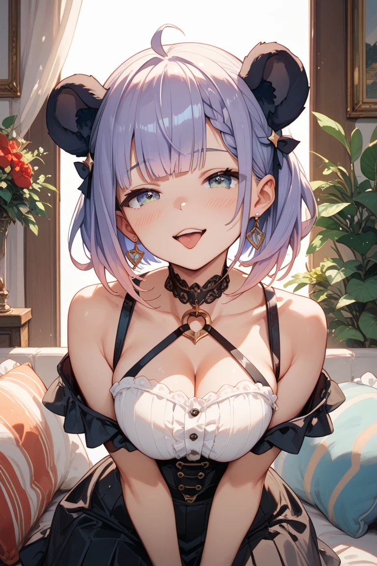 (masterpiece:1.3), (best quality:1.3), high resolution,
couboy shot,
leaning forward,
(one cute girl:1.3), solo,
white skin, small Breast, eight-headed person,
light blue hair, (bobbed hair:1.2), (short hair:1.2), (blunt bangs:1.2), beautiful hair, blue eyes, beautiful detailed eyes,
blush, open mouth, heart, cheerful smile,
succubus, devil king, earrings,
indoors, castle of the demon king,
shadowlighting,
