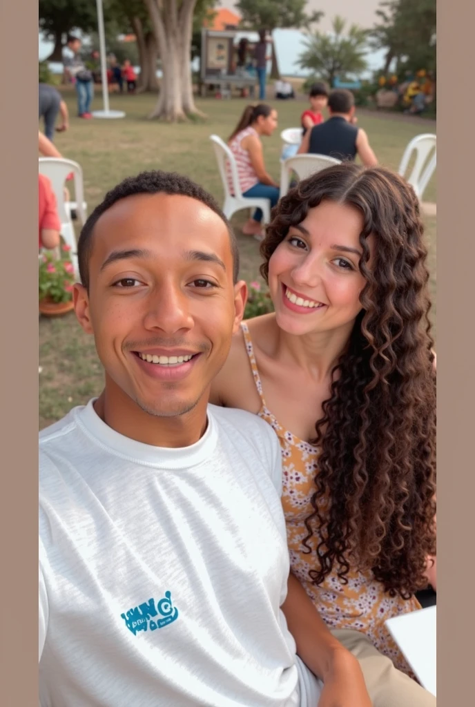 A man and a woman taking a selfie in front of a heart-shaped sculpture, estilo Disney pixar, com cabelos ruivos cacheados, homem com afro, they are in love
