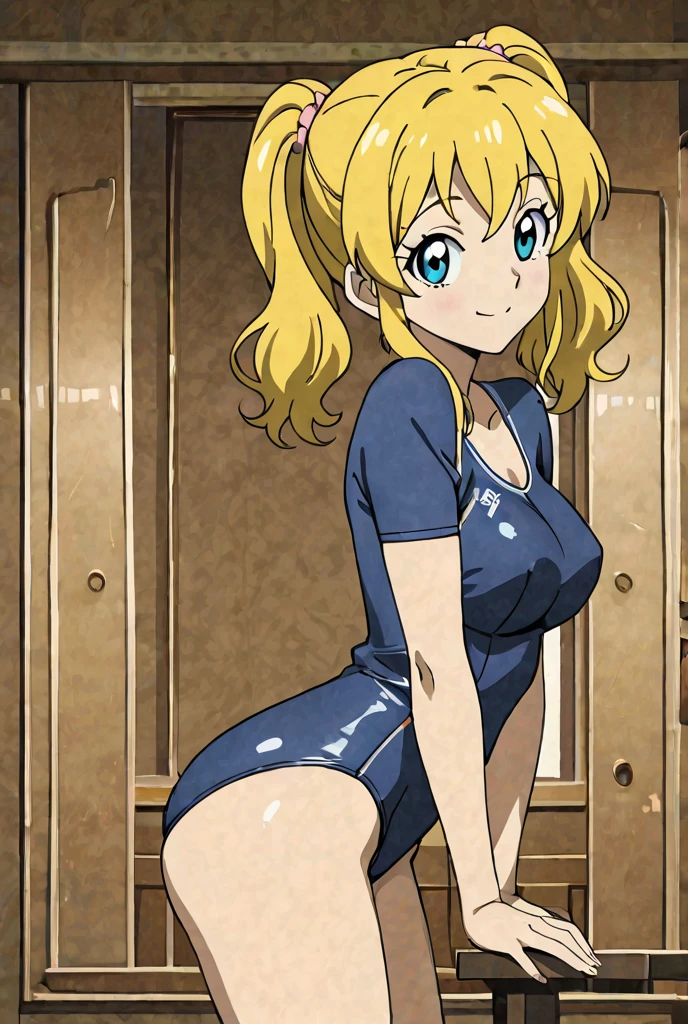 1 girl, solo, Ito, blonde hair, short hair, glasses, polka dot bra, aqua bra, polka dot panties, orange panties purple eyes, ribbon stocking, blue stocking, sneakers, purple snickers, little breasts, shy, by gamers chair, dark gamer room, smiling, standing, hands on hips, full body view, slim body, 