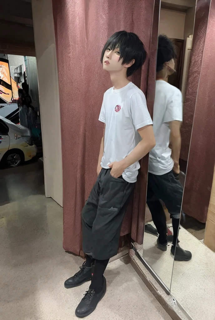 (A high resolution,ultra - detailed,hdr) ,tmasterpiece,best qualtiy,1boy,Black color hair,largeeyes,The shirt,tiese ,Five o'clock shorts,Running shoes,looki at viewer,18yr old,East Asian boys,Full body photo,wide angles