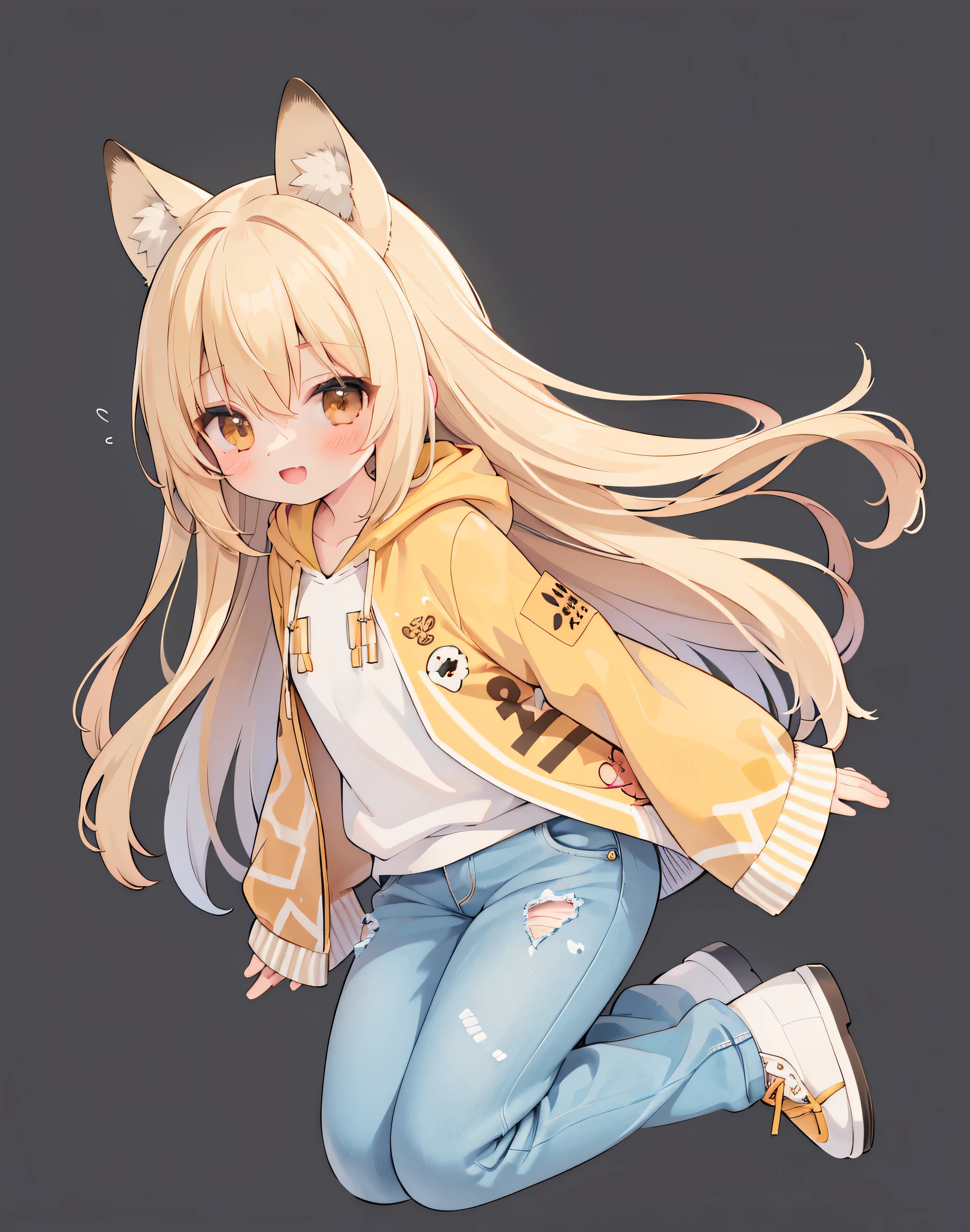 extremely detailed , uniform CG-8K background image, very nice 8kcg wallpapers ,best quality ,ultra detailed , nice face , Meisterwerk、 erstklassig, 1 girl, A girl jumps up, best quality , 1 girl in, Allein, Start-up, Headpiece is a giraffe hood with giraffe ears and giraffe horns, ssmile, with an open mouth, very sweet smile, looks at the viewer , arms spread wide, sand-colored giraffe hoodie with giraffe pattern spots, long blonde hair , denim Jeans, Sneaker, with longer sleeves ,, Durch Pony,, brown eyes, :D, long flying blonde hair, hair between the eyes ,Jump up , dynamic pose, Screen size