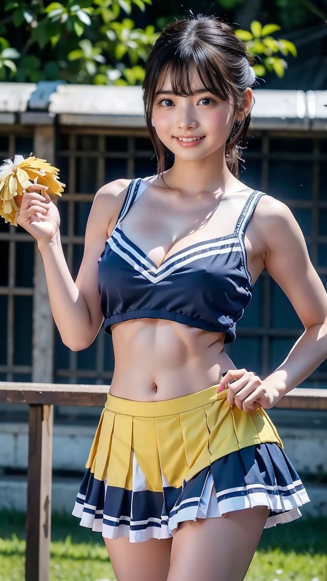 (RAW shooting:1.2)、(photorealistic:1.4)、(masterpiece:1.3)、(highest quality:1.4)、Beautiful white and shining skin、Chestnut hair that changes depending on the light、Long bangs between the eyes that obstruct the view、Cheek gloss highlights、Sexy and very beautiful nice gorgeous face、the most beautiful face in the world、Big and bright eyes、Beautiful and beautiful woman、small face beauty、golden ratio、7 head and body、Beautiful eyes in every detail、eyelash、beautiful double eyelids、eye shadow、perfect eye makeup、solo、(natural smile:1.2)、Expression of excitement、(short bob:1.2)、fluffy hair、(angle from below:1.3)、(full body shot)、more skin、(Medium chest:1.3)、beautiful breasts、(cleavage)、(cheerleader:1.5)、(mini skirt)、beautiful and thin legs、(beautiful woman with perfect body:1.3)、shiny skin、(Lively poses like cheerleading:1.5)、(Holding a large pom-pom in each hand:1.3)、jumping、look at the camera、stadium、night time、sexy navel、skinny legs、thin eyebrows、(very sexy:1.3)、Bokeh、