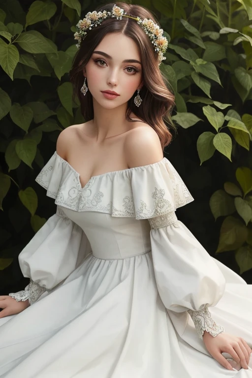off shoulder dirty dress, open chest, deep cleavage, pearl necklace, puffy sleeves, Plunge Cowl Neck, tangled hair