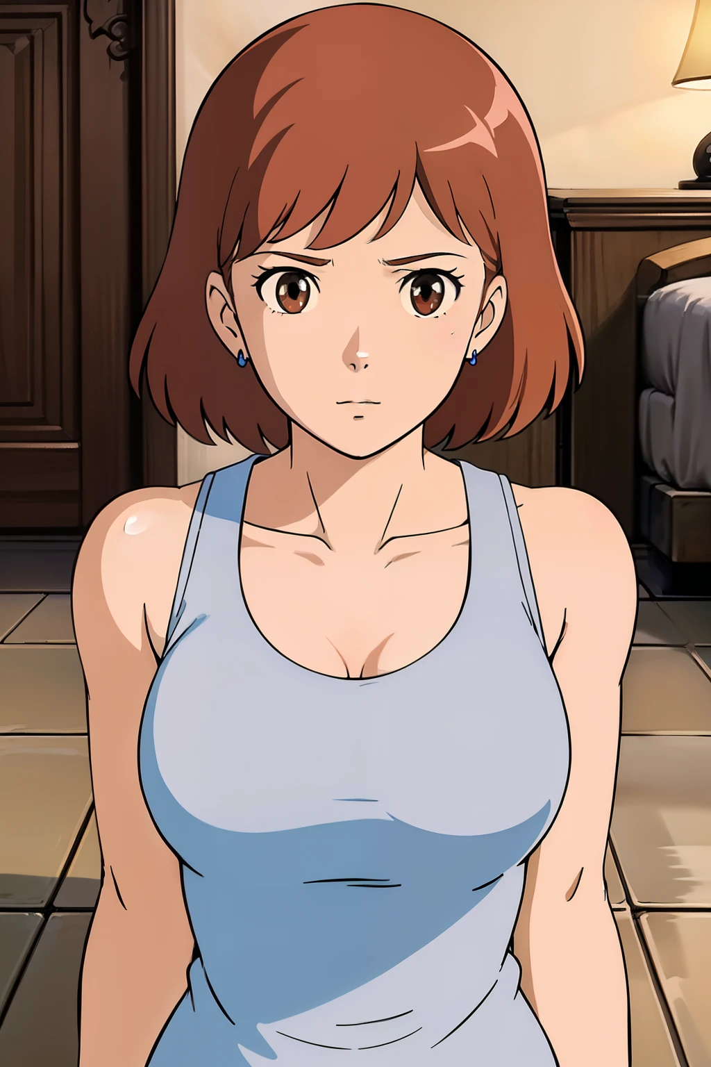 nsfw,(masterpiece, highest quality, High resolution, anime screenshot, anime color, 8K, realistic), Nausicaa, woman, mature woman, wife, alone, brown hair, (looking at the viewer), huge breasts, cleavage, (white tank top), Upper body, forest, (perfect detailed anatomy, beautiful and detailed face&eye:1.5, shiny skin, perfect body)、erect nipples、I want to see up to my kneecaps