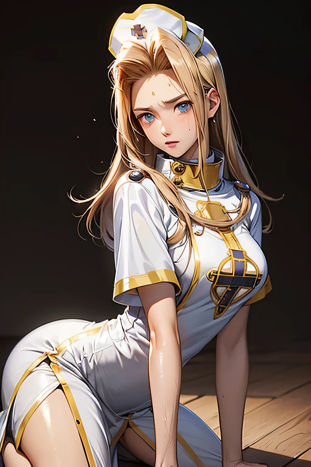 PERFECT ANATOMY　top quality,highest resolution,(((shiny latex white dress　shiny nurse hat　sweat　shiny skin)))　Tales of Phantasia　mint　prison
