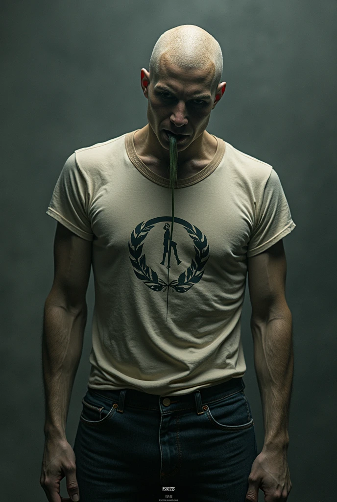 a bald albino about to swallow a black snake, on the body of the snake is written the words: resentment
