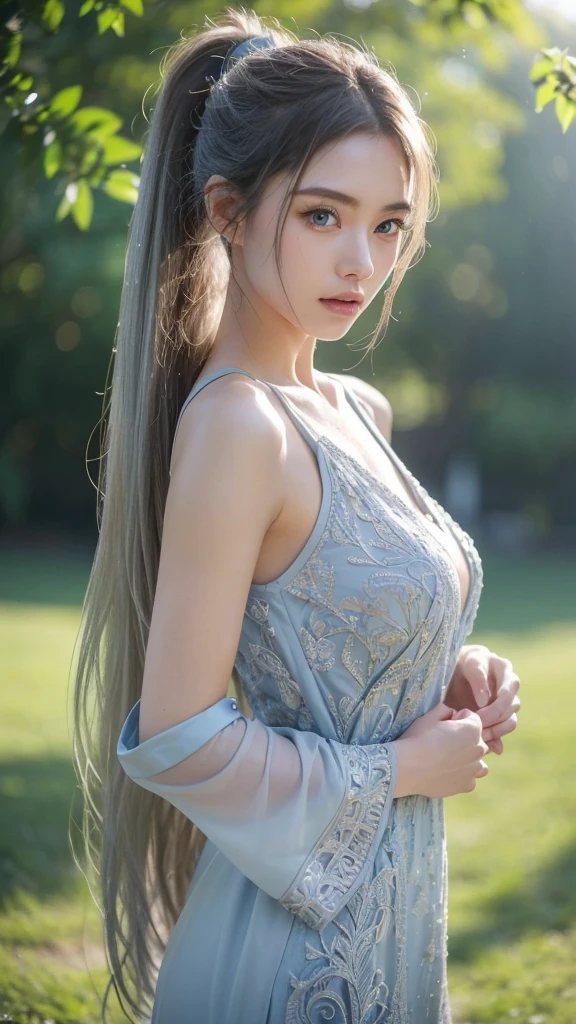 ((panties crotch closeup shot)), legs straight at the camera, sleeveless Chiffon micro mini tight dress, Thin legs, sitting, park, (((Very elegant and beautiful, Perfect detail, Very detailed))), whole body, Most detailed, Written boundary depth, 美しく詳細なwhole body, 30 years old, Gray and silver hair, Beautiful detailed hair, Perfect Face, Expressionless, Beautiful, detailed, deep eyes, Pale skin, Very delicate and beautiful, masterpiece, (((Highest quality, Very beautiful 8K CG wallpaper))), (((Trendy hairstyles))), park,