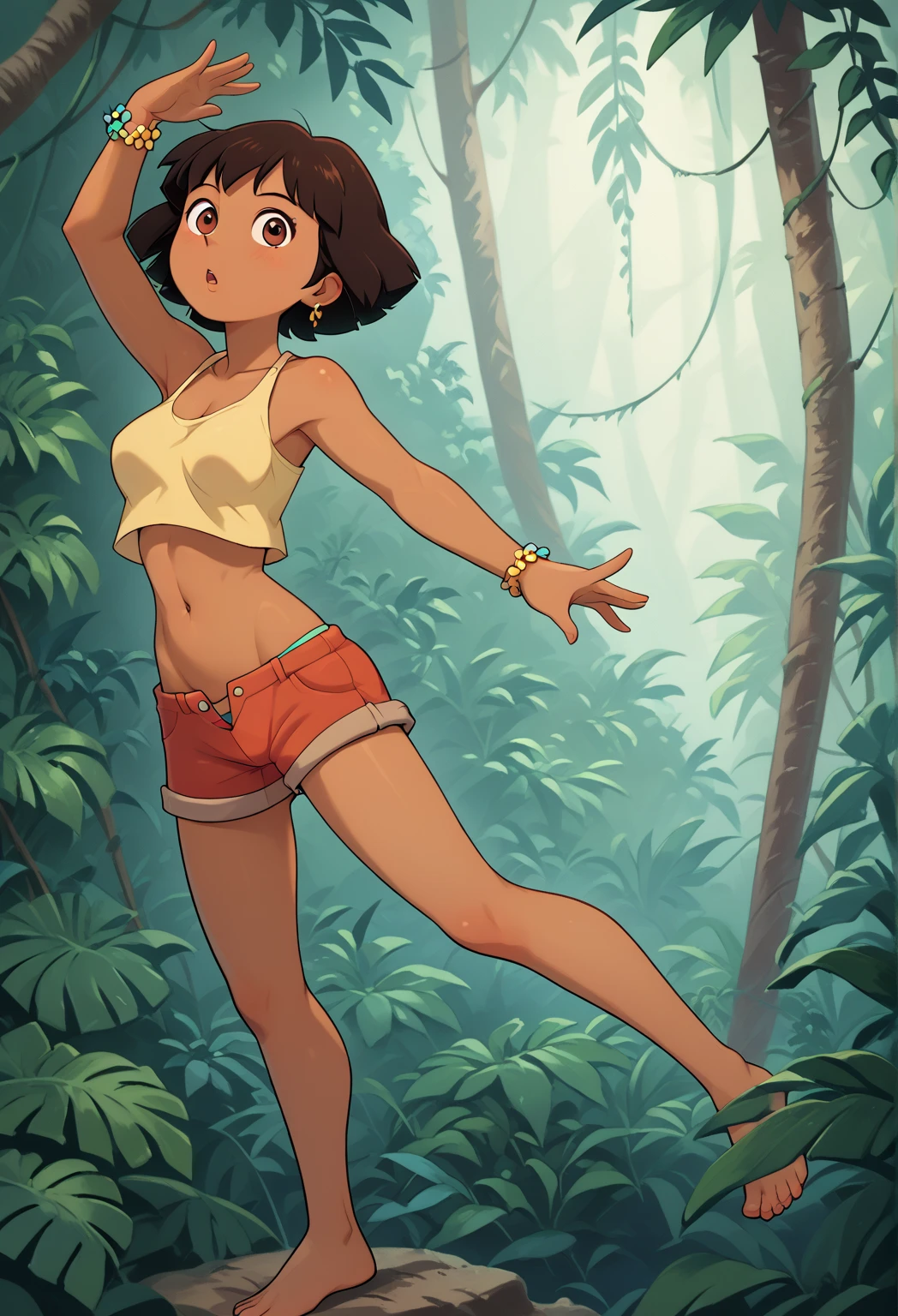 Best quality, masterpiece, 1woman, tomboy, athletic, dark tan colored skin, primitive amazon warrior, in primitive tube top and side skirt, short stature, small breasts, very short bob cut, black colored hair, jungle rainforest background setting