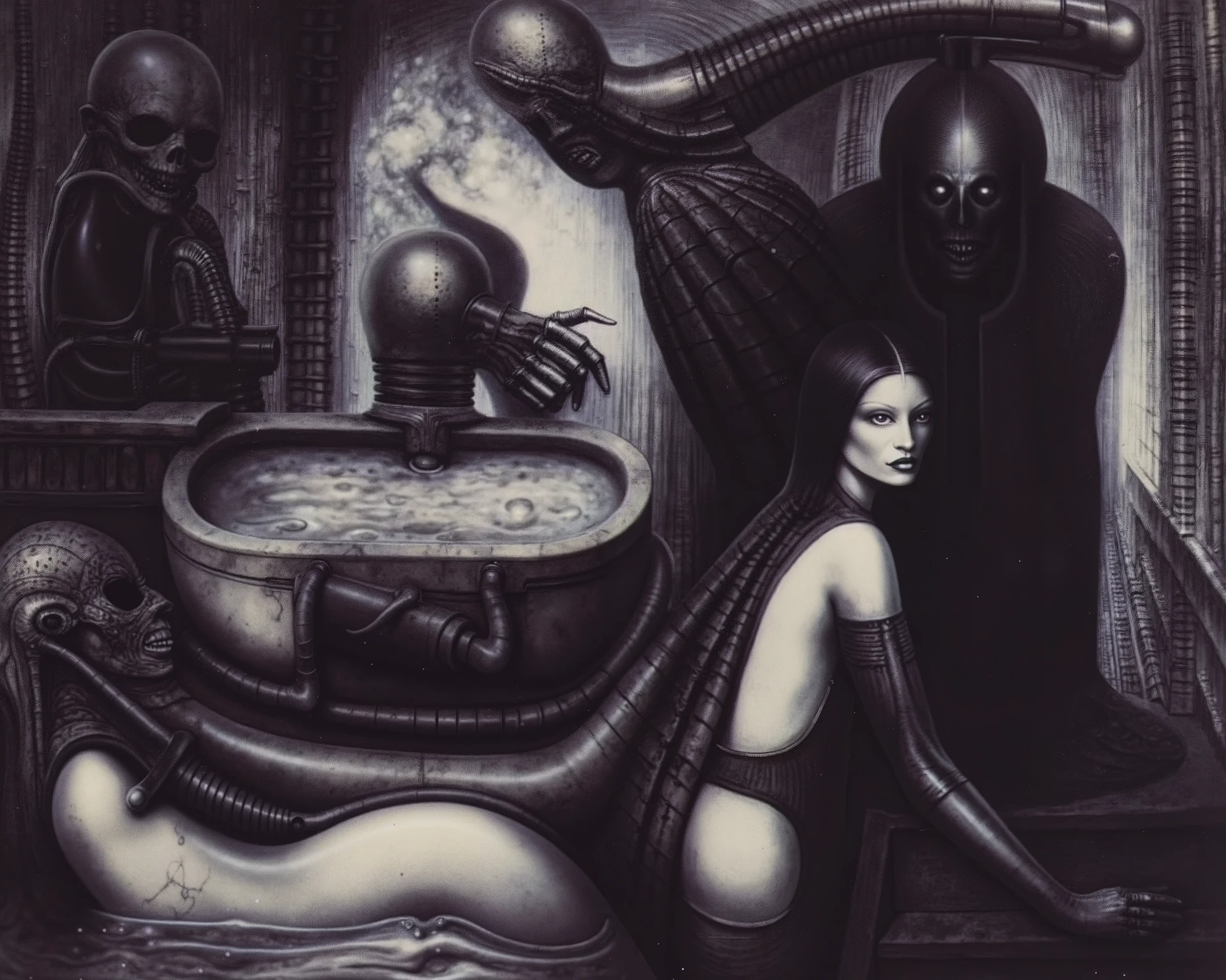 Please reproduce the original image as accurately as possible, capturing the intricate details of the biomechanical structures, the dramatic lighting, and the overall sense of unease. gigerart(best quality:1.4)... A piece of art by HR Giger.
Create a highly simplified, schematic preparatory sketch depicting the core composition of the academic painting subject /"Susanna and the Elders/".The drawing technique should emulate the quick, form-defining, and expressive linework characteristic of Valentin Serov's preparatory sketches (think charcoal or graphite feel, focusing on essential shapes and suggestive light/shadow, not fine detail).However, explicitly interpret all forms and the overall visual language through the aesthetic of H.R. Giger. Render Susanna and the two Elders using Giger's signature biomechanical, organic-machine hybrid, and unsettlingly sensual or grotesque forms. Susanna might appear as an alien, vulnerable yet resilient figure; the Elders as menacing, biomechanical voyeurs merging with shadows or structures.The surrounding environment (e.g., garden, bath elements) should be extremely schematic and minimalist, reduced to basic suggestive shapes. These environmental shapes must also subtly reference H.R. Giger's style – hinting at dark, biomechanical textures, skeletal structures, or fluid, alien architecture.
Lack of Negative Space: There is minimal negative space, with the composition filling the frame almost entirely.
Emphasis on Texture and Detail: The intricate details and textures of the biomechanical forms, rendered with meticulous precision, draw the viewer's eye and further contribute to the sense of density and complexity.
Directional Lines and Curves: The lines and curves of the tubes, pipes, and organic shapes guide the viewer's eye through the composition.
Use DARK BLACK COLORS, symmetrical, perfect, allegory of sin,evil, darkness, big painting, stored in Louvre