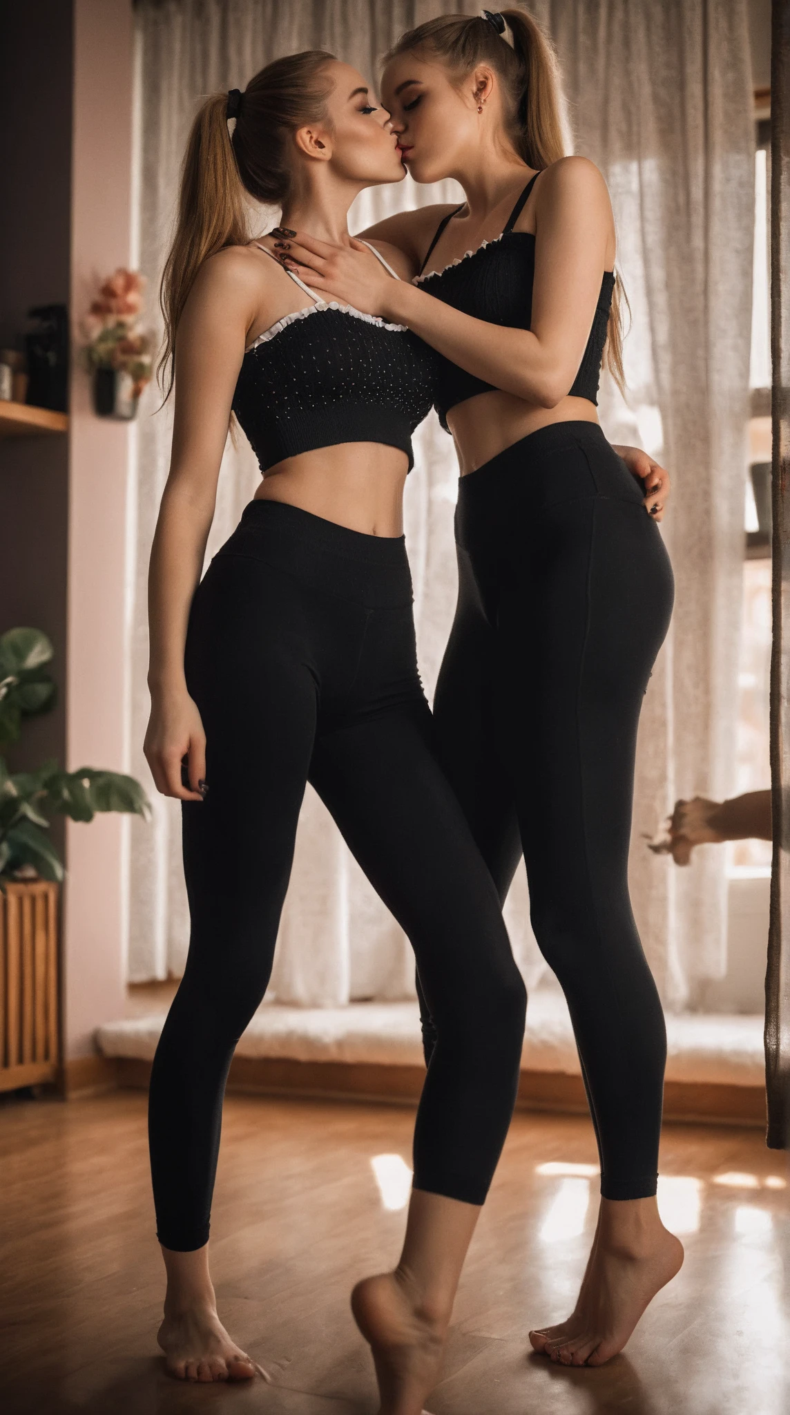 (detailed realistic skin:2.5), (tall 2 girls wearing skin tight pantyhose on round ass close up, wearing hoodie, skinny, thigh gap, long legs, fit, tiny waist:1.6),