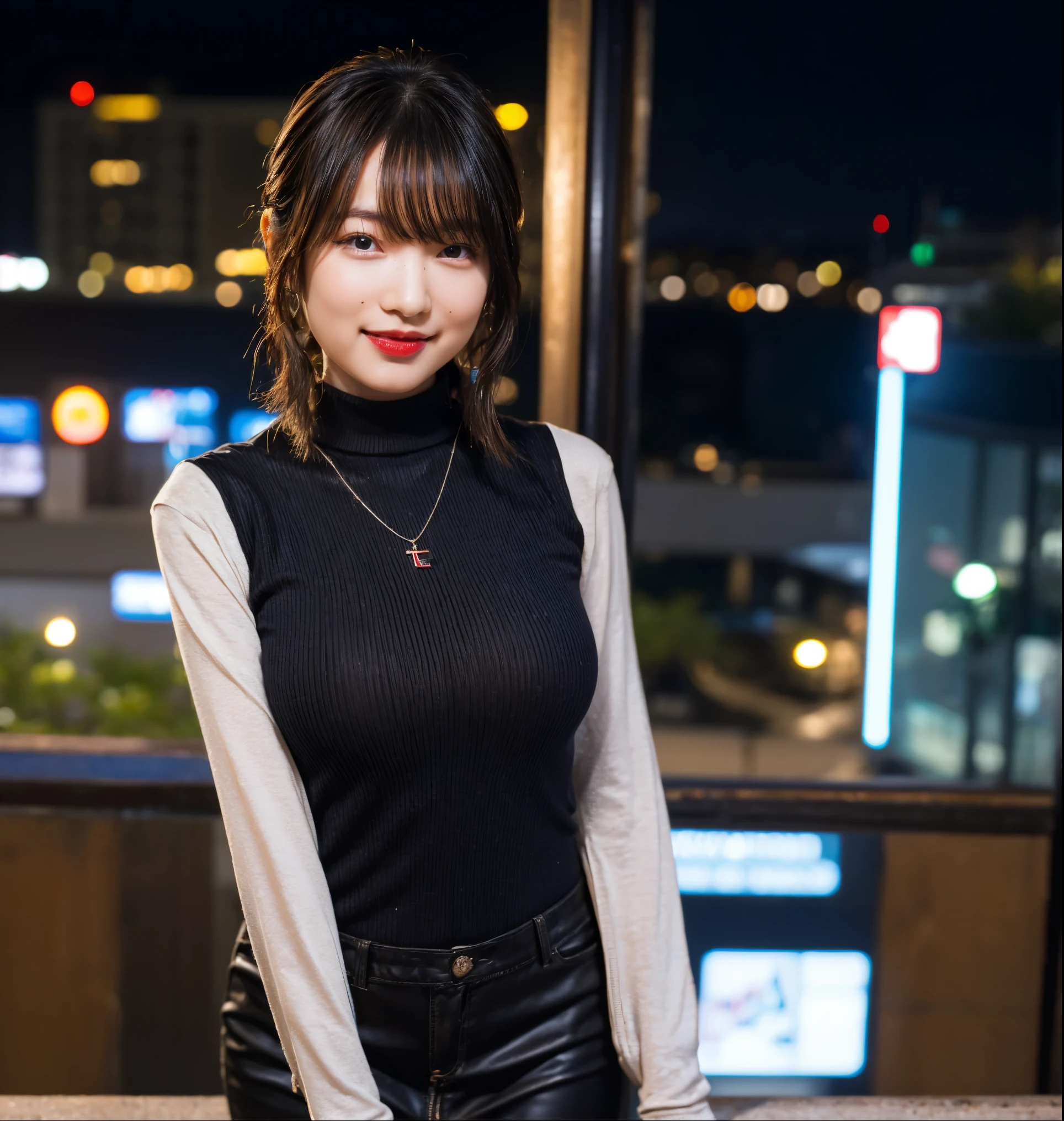 8K wallpaper,(1 girl solo)(Ultra Fine)(side ponytail)looking at camera(very big breasts 1:2),(long eyelashes)(double eyelids)(natural makeup)(red lipstick)(Upper body pickup 1:3)(black turtleneck sweater with male genitals in the buttocks black miniskirt)(earrings,necklace ) (hair fluttering in the wind)(Highlight a large bust)(Night city background )(Orange manicure)(Clean, white teeth)(More realistically realistically 1:2)serious expression