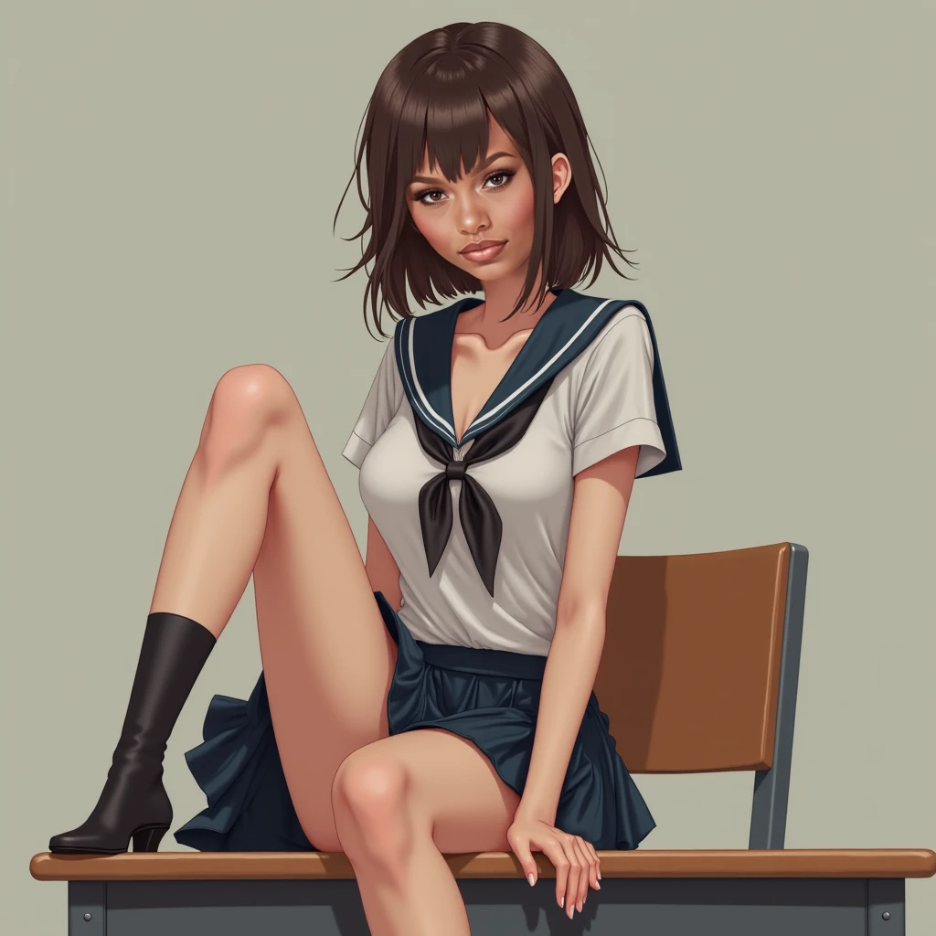 indoor, bedroom, ((leaning on the knee, on floor)), schoolgirl, long hair, brown hair, brown eyes, (perfect skin, realistic skin), seifuku, white shirt, white socks, white panty, fine fabric emphasis, sexy:1.1, smile, blush:1.2, <lora:TakagiSan-clasicStyle-000008:0.60>, TakagiSanFirstStyle, (master piece:1.4, best quality:1.4, intricate details, highres, 8K, 4K, UHD, Ultra Detailed 8K CG, ultra high res, High quality texture, High quality shadow, HDR), nsfw