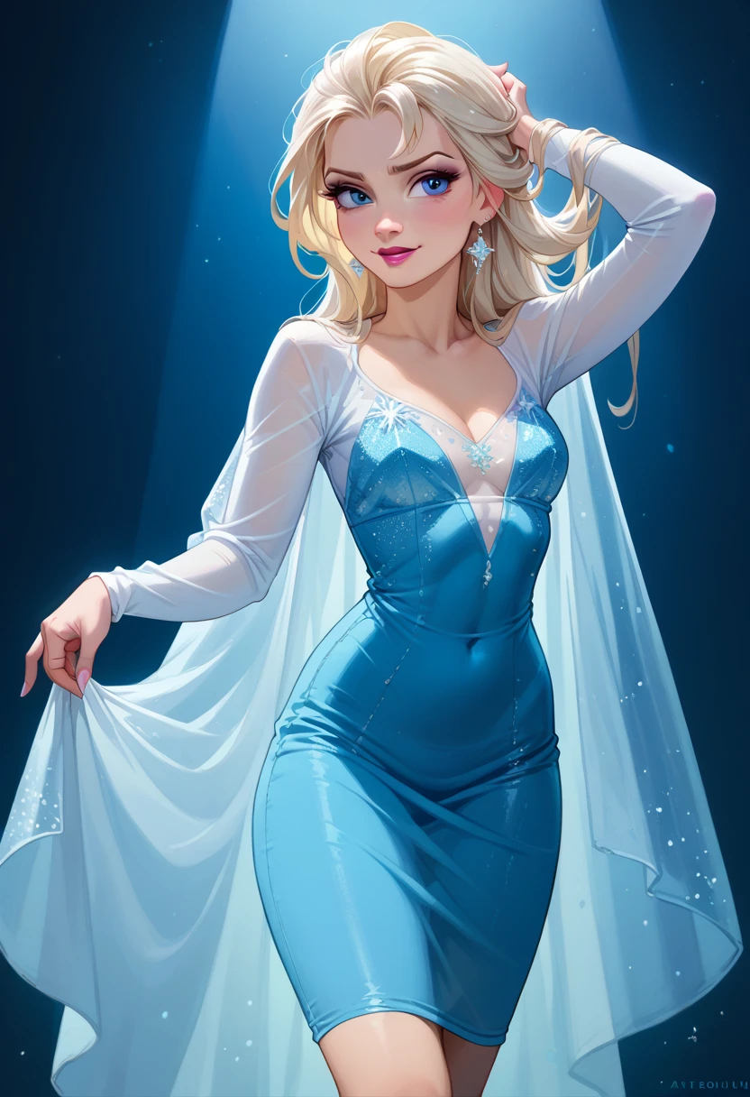 masterpiece, best quality, very aesthetic, absurdres, 1girl, mature_lady, ,,elsa_(frozen), frozen_(disney), 1girl, blonde_hair, blue_eyes, braid, medium_breasts, single_braid, earrings, snowflake_earrings, eyeshadow, makeup, long_hair, very_long_hair, bare_shoulders, blue_dress, cape, dress, long_dress, strapless, strapless_dress, blue_footwear, high_heels,in a playground,floating_hair,wet_clothes