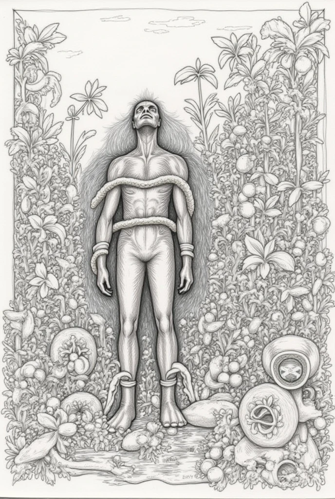 Satoru Gojo in Vitruvian man style (baroque style on wrinkled paper )in black and white highlighting his light blue eyes