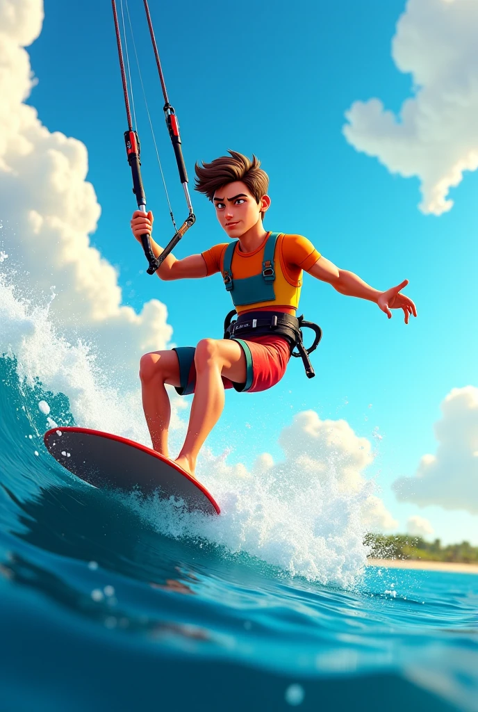 High quality, 8k resolution, portrait, natural lighting, summer, blue sky, cow on the board, surfing, open sea, big waves, blue ocean, shinning sun