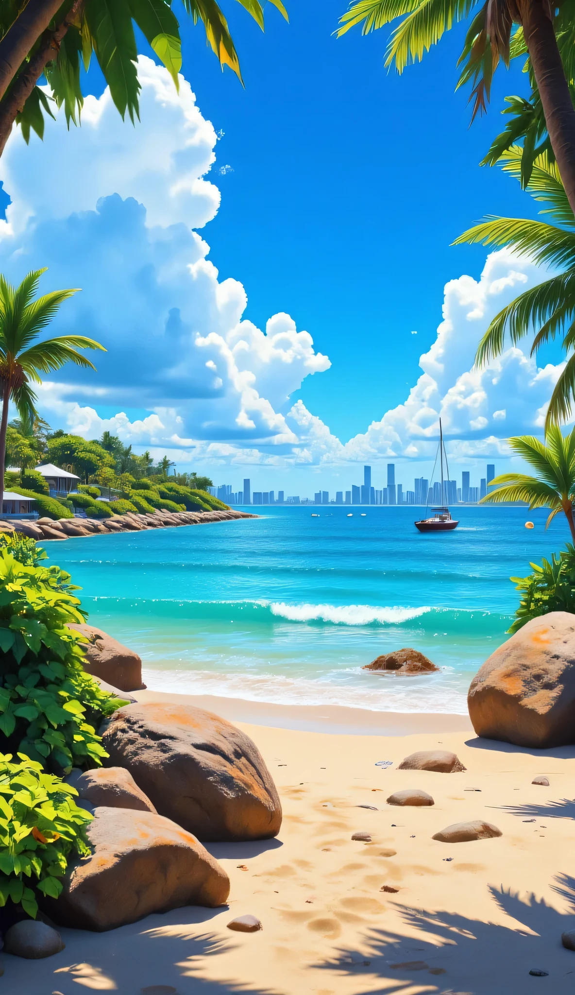 masterpiece、最high quality DVD 、high quality DVD、マイアミビーチの Scenery、 Scenery、outdoor、colorful beachside、blue sea、Clear skies and few clouds、watching watching the beach from a boat、from the sea、 Scenery、深いblue sea、Seaside、with a view of the cityscape、nature。