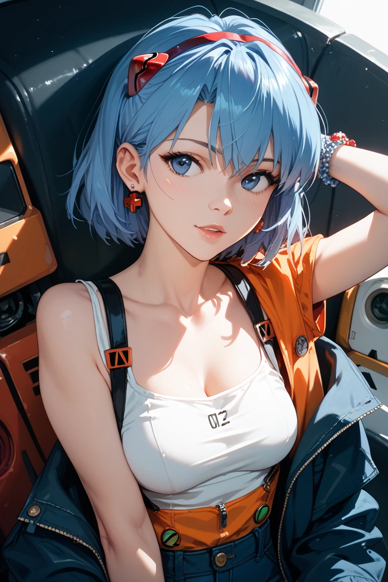 ((((masterpiece, best quality, high resolution)))), Extremely detailed 8K, 1 female, (Bulma from Dragon Ball) wearing a white jacket, (Ultra HD, Ultra-detailed, Highly detailed, Highly realistic, Ultra-realistic, photograph realistic), (1girl:1.5), (Realistic pony tail, blue hair), (dynamic poses), facing at camera, looking at viewer, (a serious focus face), (regular blue eyes, sharp eyes), (perky breasts:1.2), (beautiful detailed face, beautiful detailed eyes), ((slightly sweating)), (working on a mechanical invention), sweat, glow, (sunbeam, sunlight), ((cowboy shot)), laboratory background, seductive, EnvyBetterHands LoCon,