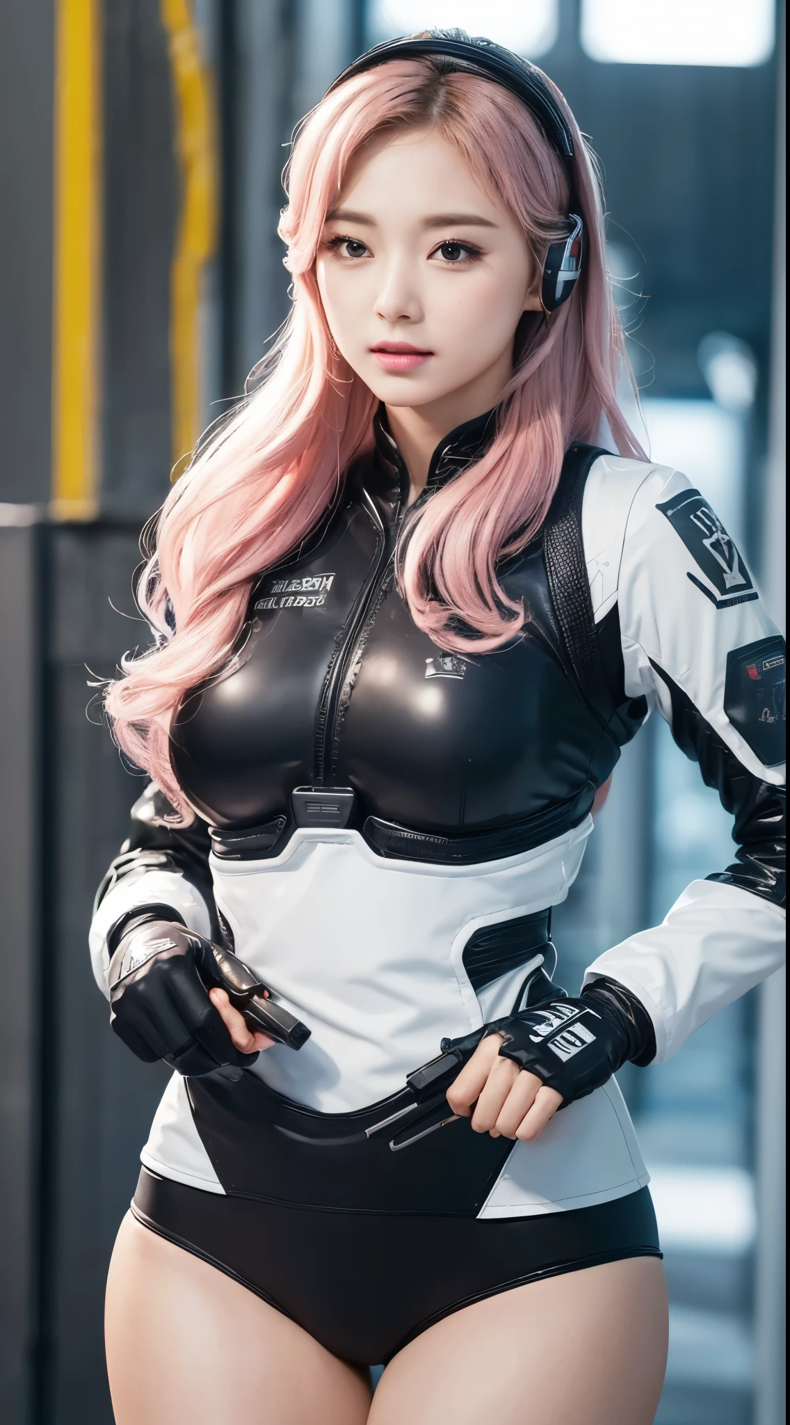 (8K, top-quality, masterpiece:1.2), (reallistic, Photorealsitic:1.37), Super Detail, One girl, (Highly detailed), (beautifully detailed eyes), (of the highest quality), (super detailed), (masterpiece), (Detailed face), 20yr old, 1 girl, ((pink hair,long hair)), medium breasts, clothed, Perfect Lighting, BREAK, (cyber suit:1.4), (white and silver stripes or borders:1.3), (shiny leather or metal:1.3), (turtleneck bodysuit:1.5), (leather pants:1.5), (tight and slim silhouette:1.4), (metal belt:1.2), (zipper at the hem:1.2), (high heel boots:1.4), (metal earrings, necklace, bracelet, ring:1.3), BRAKE, (upper body to knee:1.2), (pink long hair on left side, right side behind ear:1.3), (cool and confident expression face:1.4), (right hand on waist:1.5), (night cyber city scenery, buildings and neon lights:1.3), (silver light from left side, dark on right side:1.2)