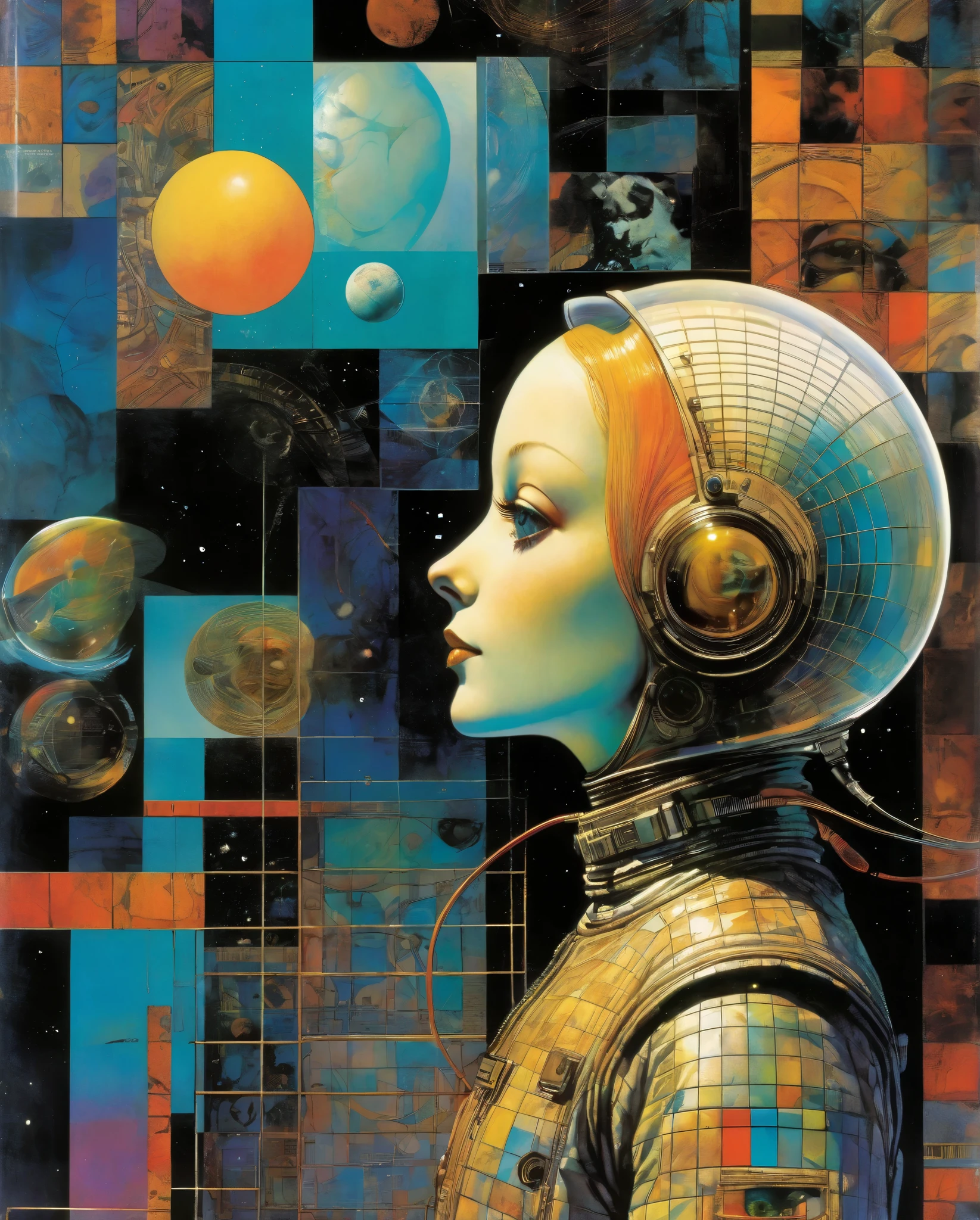 the cover of an artbook for
astronaut, in the style of
psychedelic surrealism:,
modernist grids, 1970–present,
holography, renaissance
perspective and anatomy, vhs,
perspective rendering, (Dave Mckean inspired art, intricate details, oil painting)