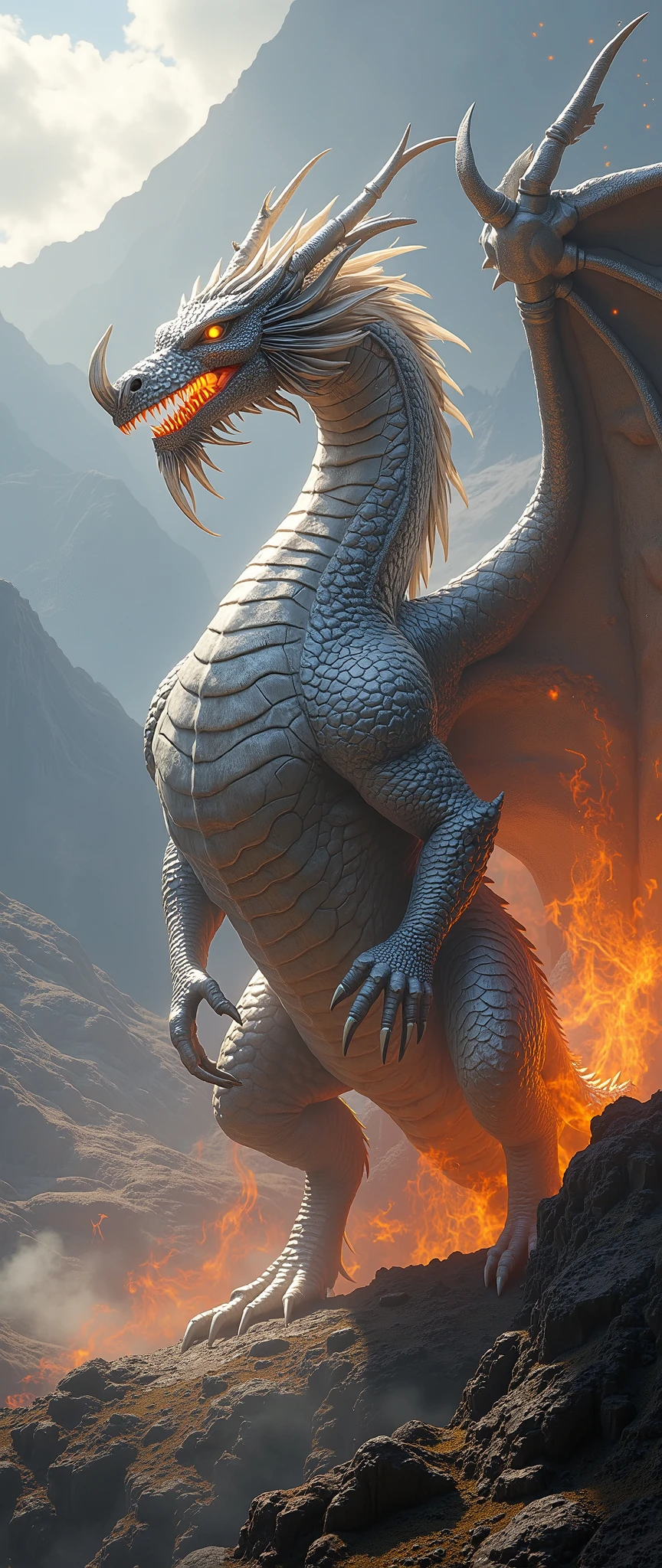 highdefinition images、high resolution images、Silver Characteristic Dragon、(Super Thorough CG Unified 8K Wallpaper)、high resolution images、背景にvolcanic activityの山、Complicated Valley、Light fog、Fire-breathing Dragon、high image quality、Terrible Dragon God、Valley Scenery、volcanic activity。