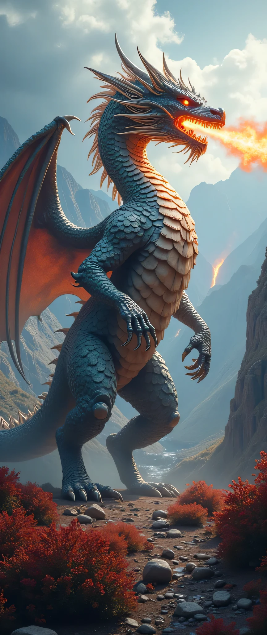 highdefinition images、high resolution image standing on a cloth、Silver Characteristic Dragon、(Super Thorough CG Unified 8K Wallpaper)、high resolution image standing on a cloth、背景にvolcanic activityの山、Complicated Valley、Light fog、Fire-breathing Dragon、high image quality、Terrible Dragon God、Valley Scenery、volcanic activity。