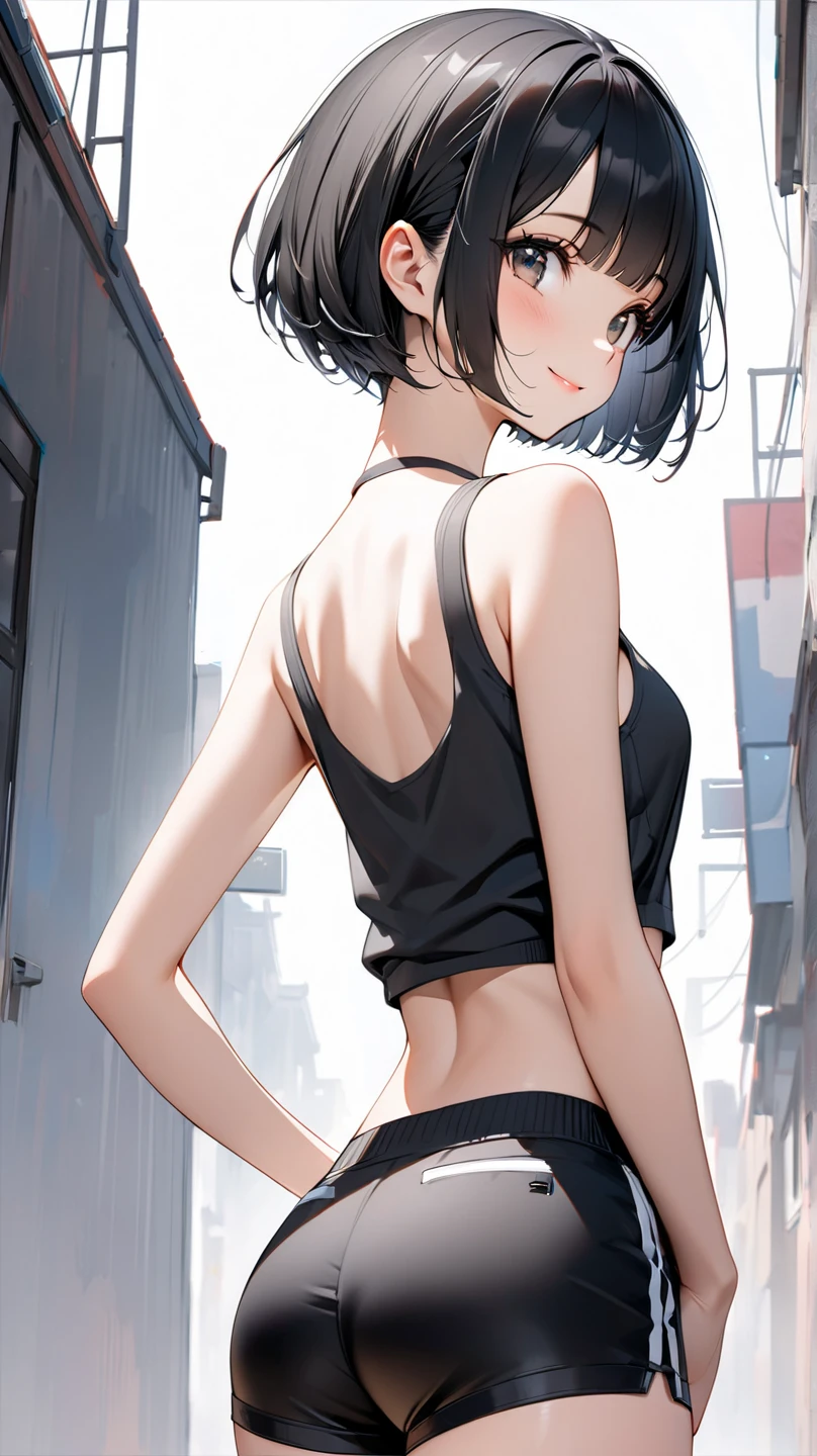 1girl, short hair, black hair, armpit, croptop, nice, clear skin, good anatomy, high quality