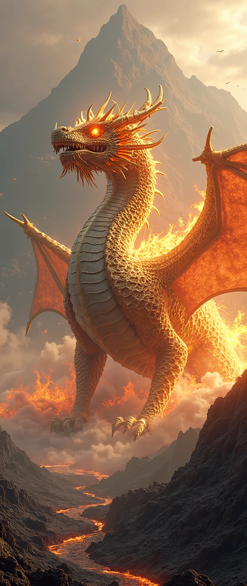  highdefinition images、High resolution image standing on cloth、Gold characteristic dragon、(Super Thorough CG Unified 8K Wallpaper)、High resolution image standing on cloth、Volcanic Mountain in the Background、Complicated Valley、Light fog 、Fire-breathing Dragon、high image quality、Terrible Dragon God、Rugged landscape in a valley、Volcano erupting background。