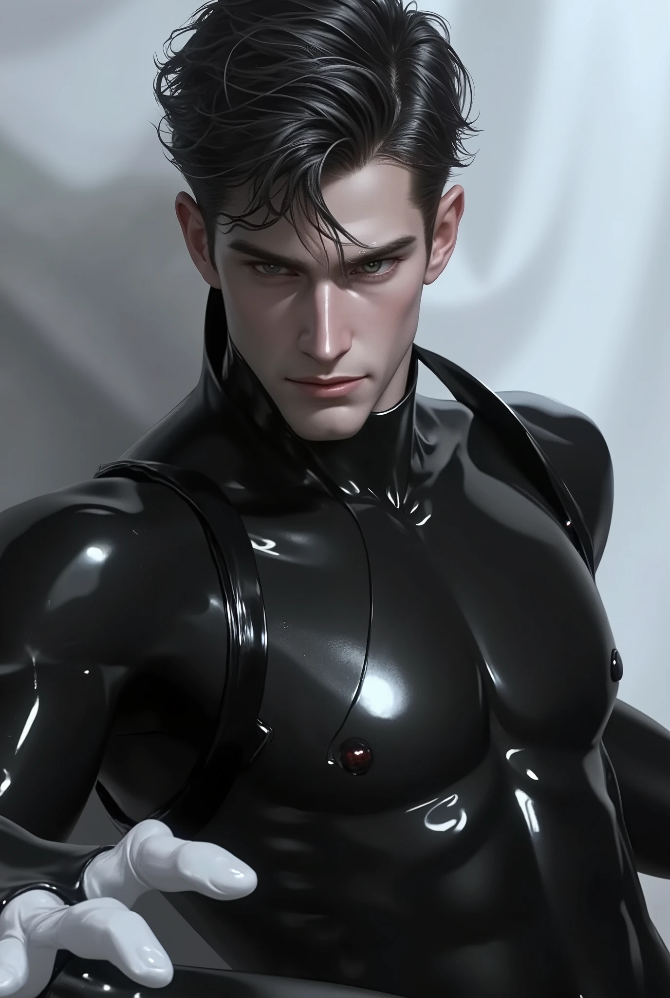 (masterpiece,high resolution,ultra - detailed:1.0),1(boy,robot boy),Perfect male body,Look at the camera,Delicate eyes and delicate face,Extremely detailed CG,Unity 8k wallpaper,Complicated details,solo person,Detailed face, (black futuristic skin tight body suit), (futuristic), (toned body with bulge) color difference, Depth of field,dramatic shadow,Ray tracing,Best quality, hands visible, white gloves