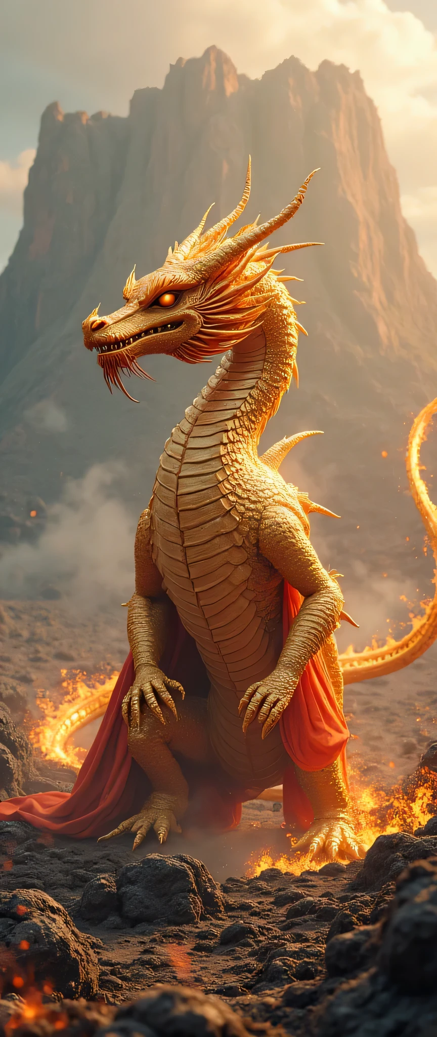  highdefinition images、High resolution image standing on cloth、Gold characteristic dragon、(Super Thorough CG Unified 8K Wallpaper)、High resolution image standing on cloth、Volcanic Mountain in the Background、Complicated Valley、Light fog 、Fire-breathing Dragon、high image quality、Terrible Dragon God、Rugged landscape in a valley、Volcano erupting background。