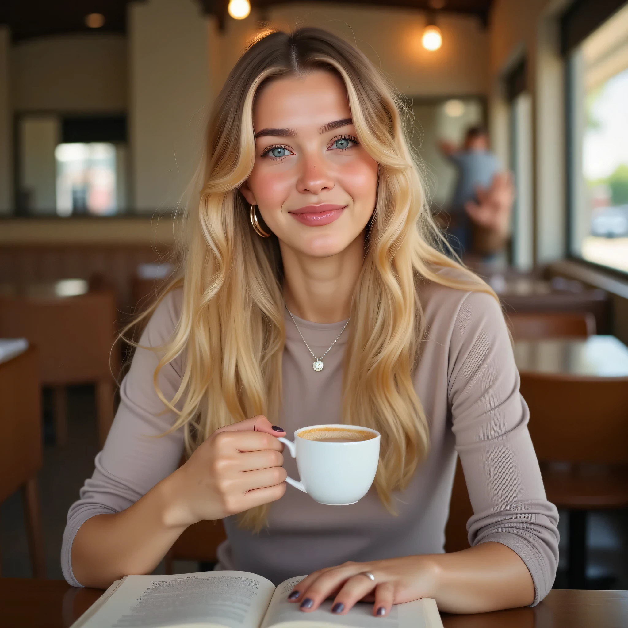A highly detailed, ultra-realistic medium shot of a young woman with striking blue eyes, full lips, and soft, symmetrical facial features. She has long, wavy blonde hair with natural highlights, styled effortlessly. She is sitting in a cozy café, holding a cup of coffee with a gentle, warm smile while engaged in reading a book. Perfect body, skinny, median . The background is softly blurred, showing a welcoming café environment with warm lighting, wooden textures, and soft ambient light coming from a nearby window. The sunlight creates a natural glow on her skin, enhancing her delicate features. The composition captures a mix of lifestyle and editorial photography, focusing on realism and a relaxed, inviting atmosphere.