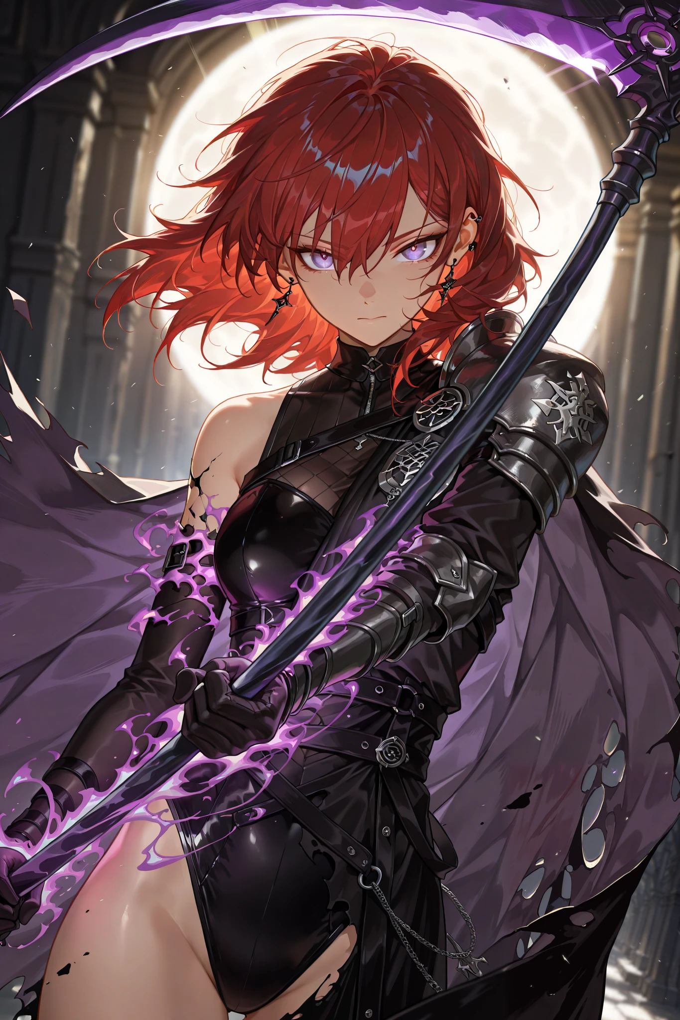 style of [arknights|(748cmstyle:0.5)], god rays, cinematic shot, mature, young adult, masterpiece, best quality, amazing quality, very aesthetic, high resolution, ultra-detailed, absurdres,
1girl, woman, solo, alone,(dynamic pose, side eye, looking at viewer, upper body focus, action shot, dutch angle, three quarter view, close up, cowboy shot:1.2), seeledef, purple eyes, multicoloured hair, red hair, piercing eyes, enraged eyes, tsurime, wielding a heavy scythe, void magic, liquid void, asymmetrical clothes, one shoulder armor, pauldron, torn cape, leotard, novuschroma79 style, glitch art photo
BREAK, depth of field, volumetric lighting
 