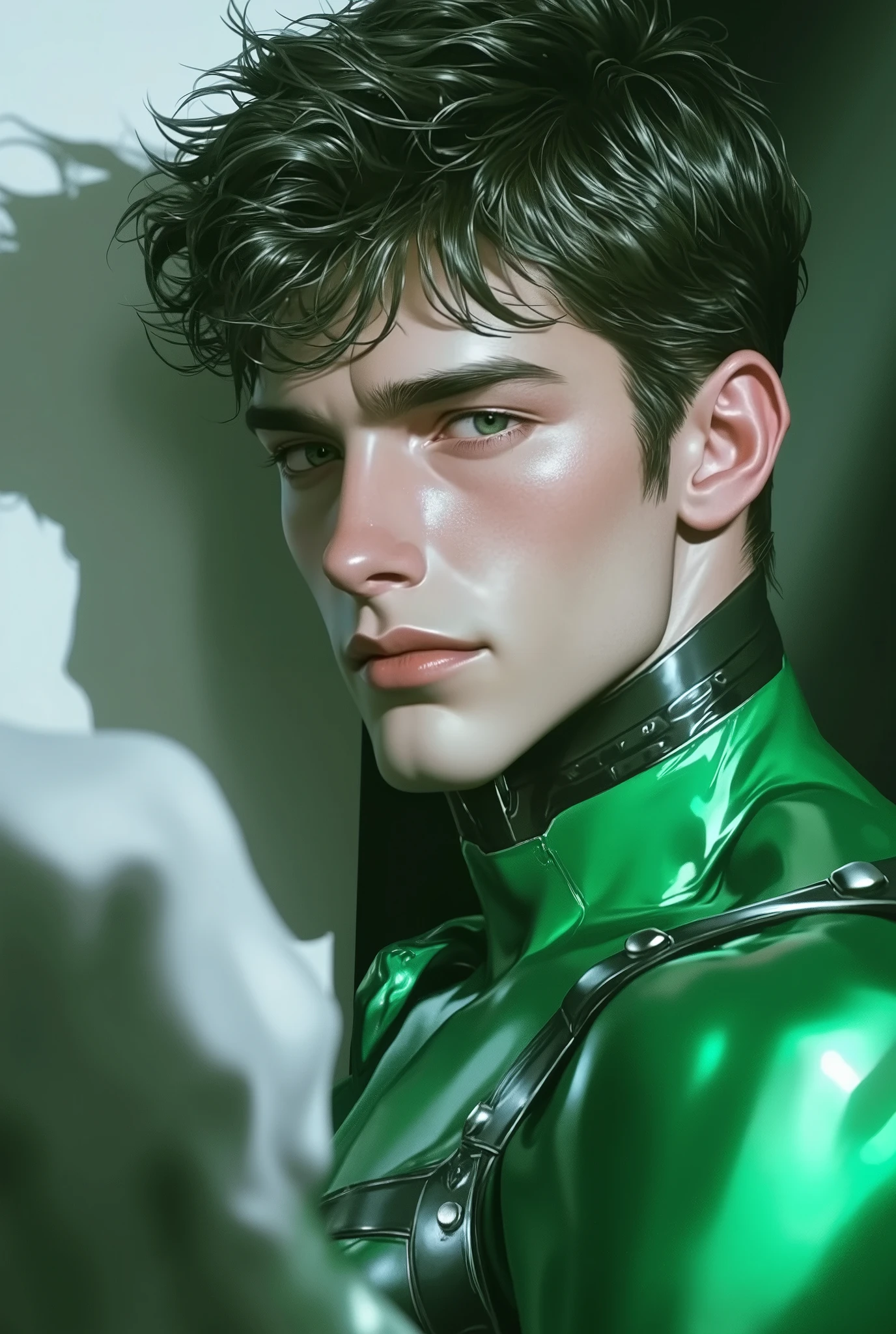 (masterpiece,high resolution,ultra - detailed:1.0),1(boy,robot boy),Perfect male body,Look at the camera,Delicate eyes and delicate face,Extremely detailed CG,Unity 8k wallpaper,Complicated details,solo person,Detailed face, (royal green futuristic skin tight body suit), (futuristic), (toned body with bulge) color difference, Depth of field,dramatic shadow,Ray tracing,Best quality, hands visible, white gloves