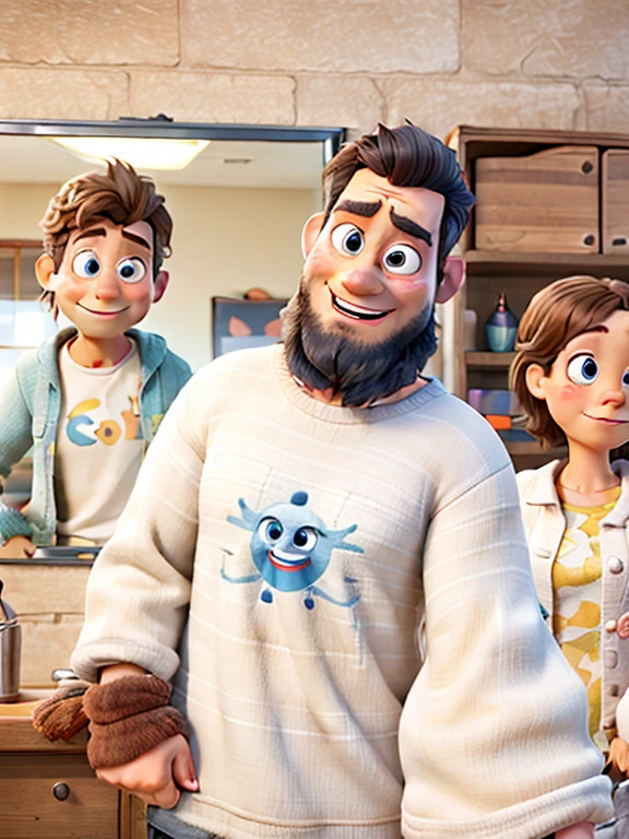 Poster disney pixar, homem branco, cabelo castanho, olhos castanho claro, barba cheia e brinco na orelha esquerda