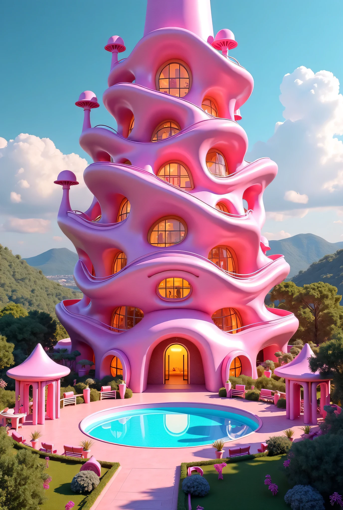 Giant pink orphanage with lights and pool from every angle 