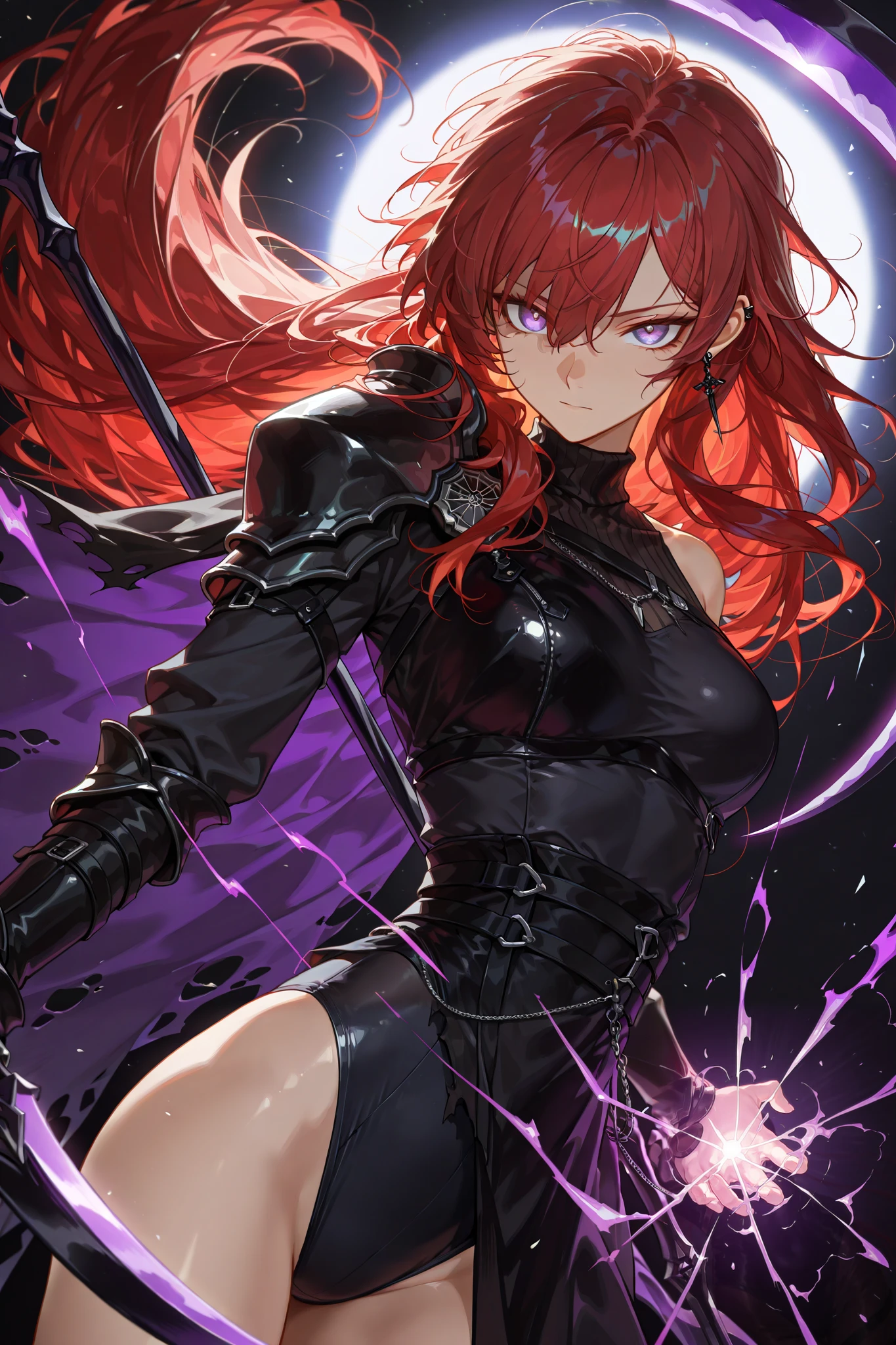 style of [arknights|(748cmstyle:0.5)], god rays, cinematic shot, mature, young adult, masterpiece, best quality, amazing quality, very aesthetic, high resolution, ultra-detailed, absurdres,
1girl, woman, solo, alone,(dynamic pose, side eye, looking at viewer, upper body focus, action shot, dutch angle, three quarter view, close up, cowboy shot:1.2), seeledef, purple eyes, very long hair, multicoloured hair, red hair, piercing eyes, enraged eyes, tsurime, wielding a heavy scythe, void magic, liquid void, asymmetrical clothes, one shoulder armor, pauldron, torn cape, leotard, interdimensional warp, warping, quantum, novuschroma79 style, glitch art photo
BREAK, depth of field, volumetric lighting
 