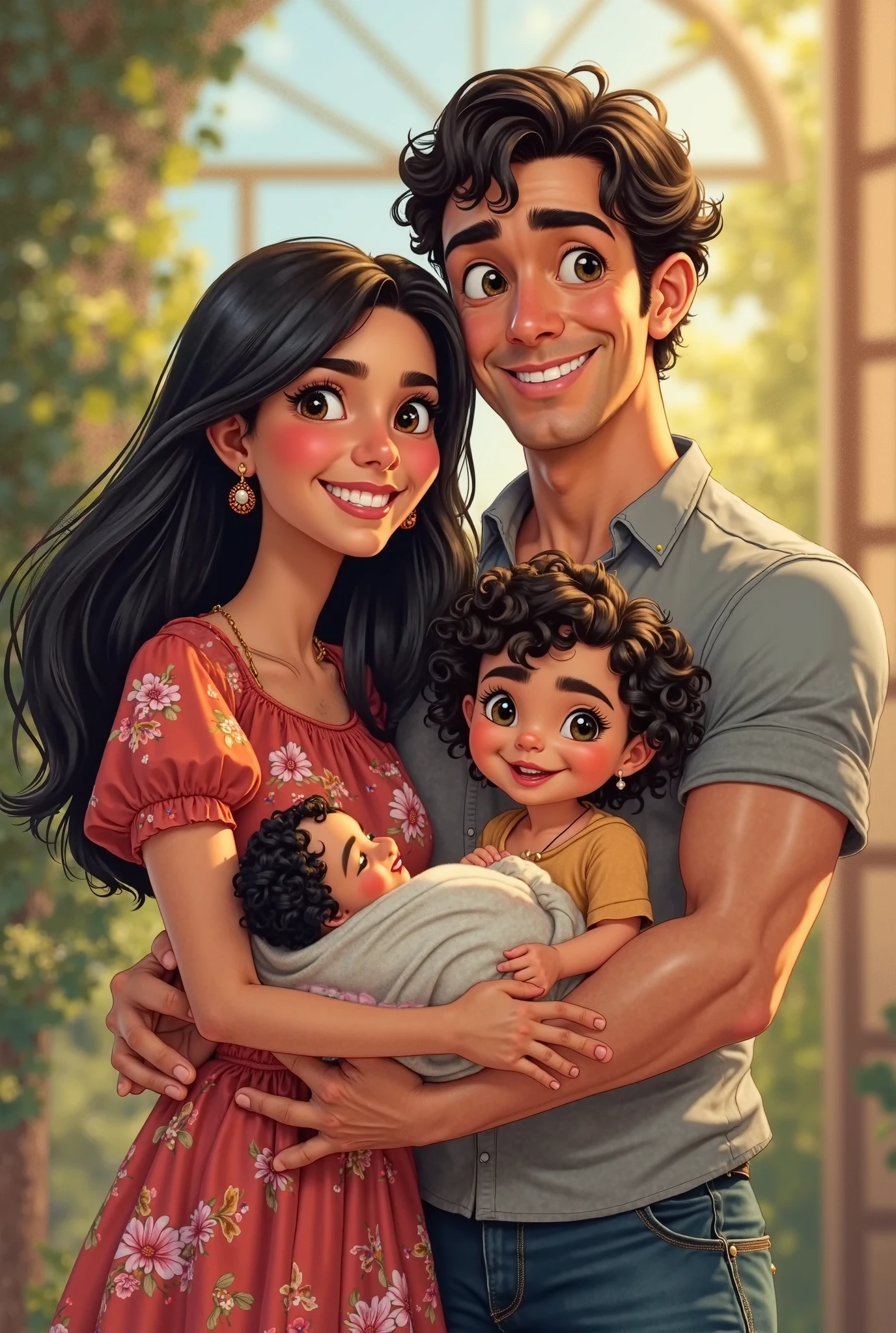 Imagine a Disney style family, with bright colors and a joyful atmosphere. The mother has straight, dark hair and wears a colorful dress that reflects her warmth and sweetness. Il padre, muscular and with curly dark hair, smiles proudly, dressed in a casual but attractive way, symbol of strong support for the family.


La figlia, that is the little princess of the house, has curly, dark hair that frames her round and joyful face. She wears an adorable dress, full of colors and perhaps a princess motif. In the mother's arms, there is a smiling newborn, wrapped in a soft cover, with a small amount of dark hair that suggests a bright and playful future.



The background could show a beautiful garden or a welcoming environment, creating an atmosphere of love and family happiness. If you want to make this image, you might consider contacting an illustrator or a digital artist who can bring your vision to life.