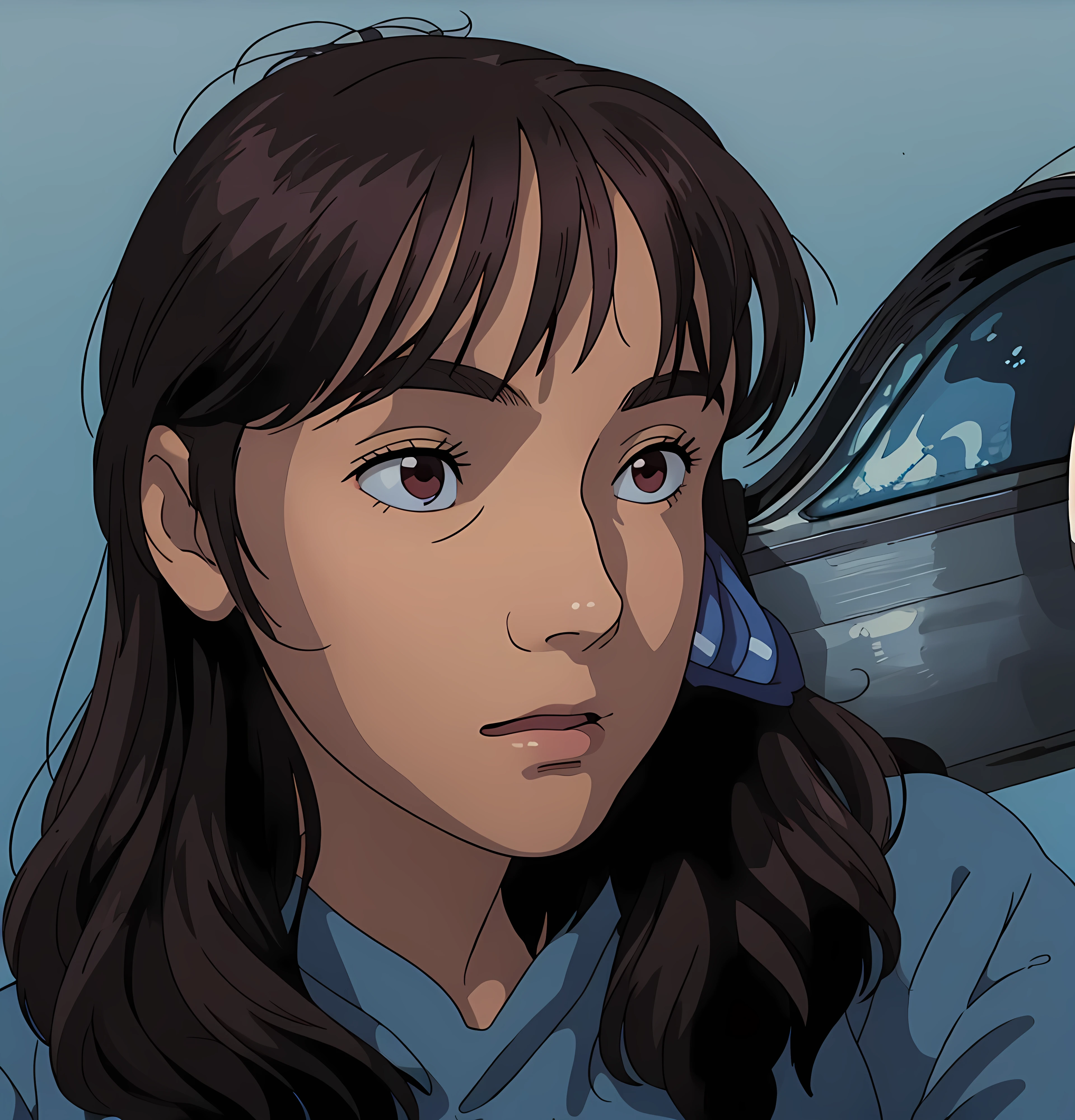 there is a young girl with long hair and a blue shirt, 18 years old, very very low quality picture, headshot profile picture, 19-year-old girl, profile pic, 1 , very very low quality, wide forehead, with bangs, low quality photograph, very low quality, 8k selfie photograph, she is about 1 ghibli style, ((masterpiece)),((best quality)),(detailed),Illustration,8k,colorful, high contrast